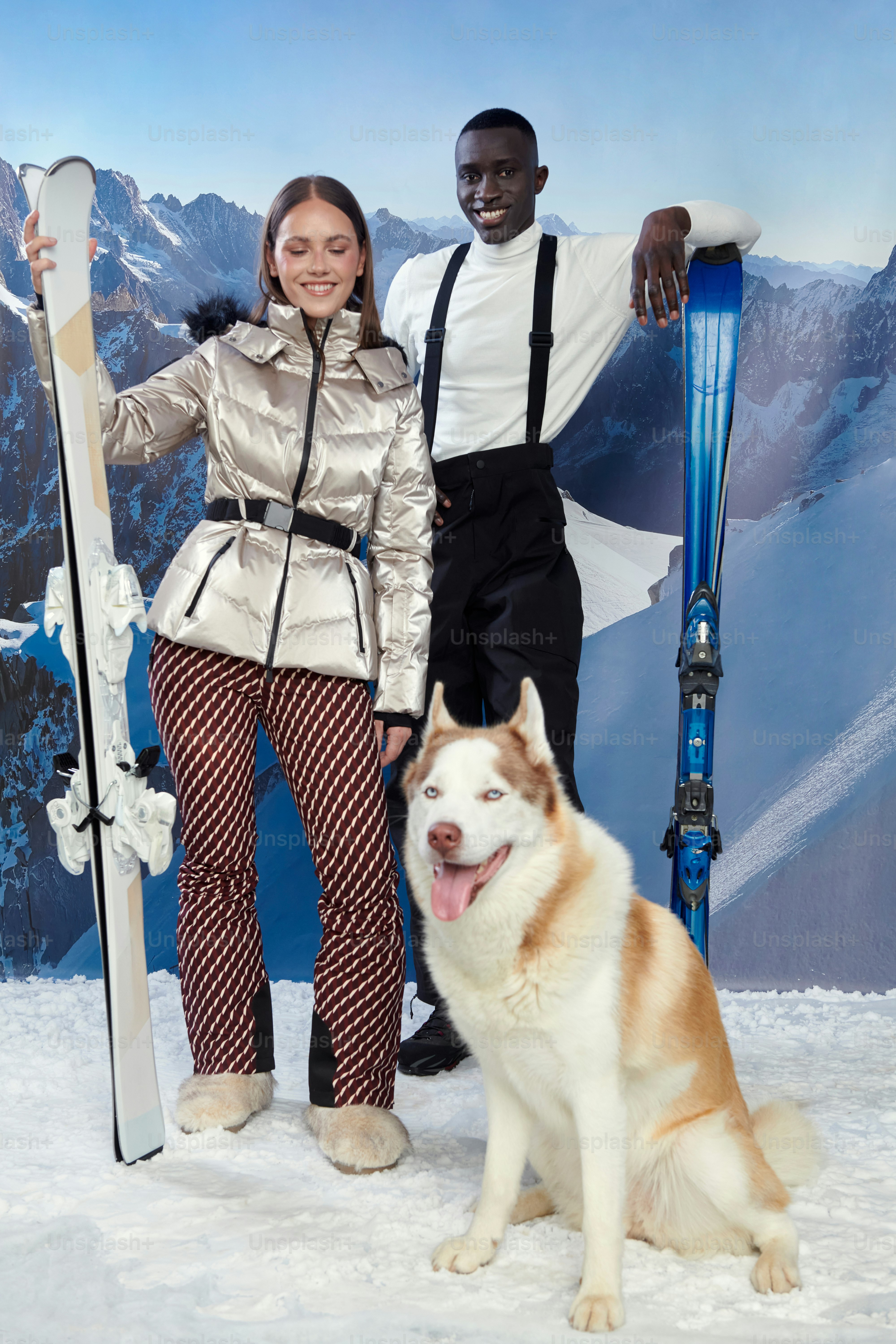 スキーとハスキーを組み合わせて雪山の環境で遊ぶ