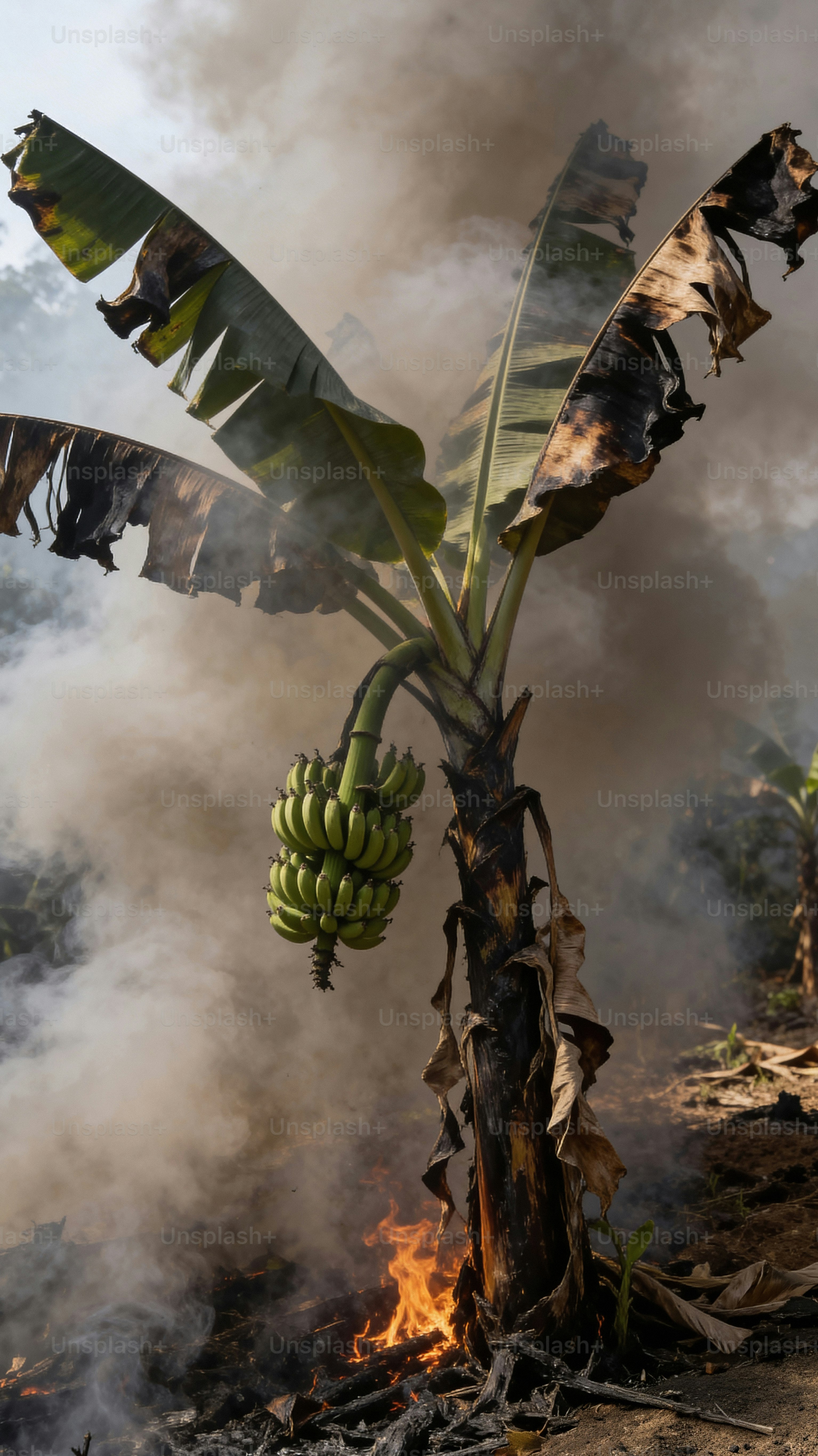 Bananier avec des bananiers verts en feu et de la fumée.