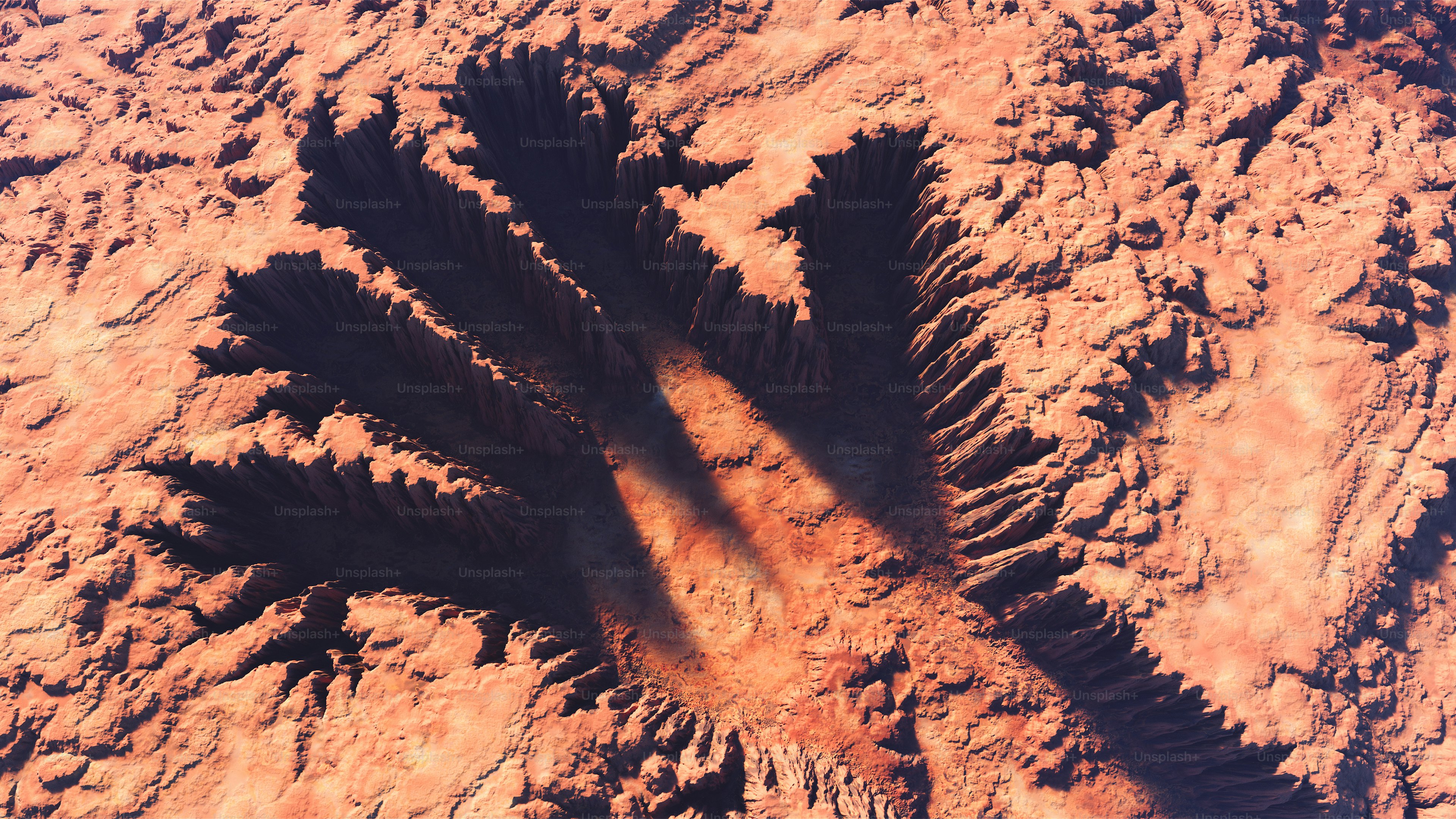 Aerial view of a desert canyon shaped like a hand