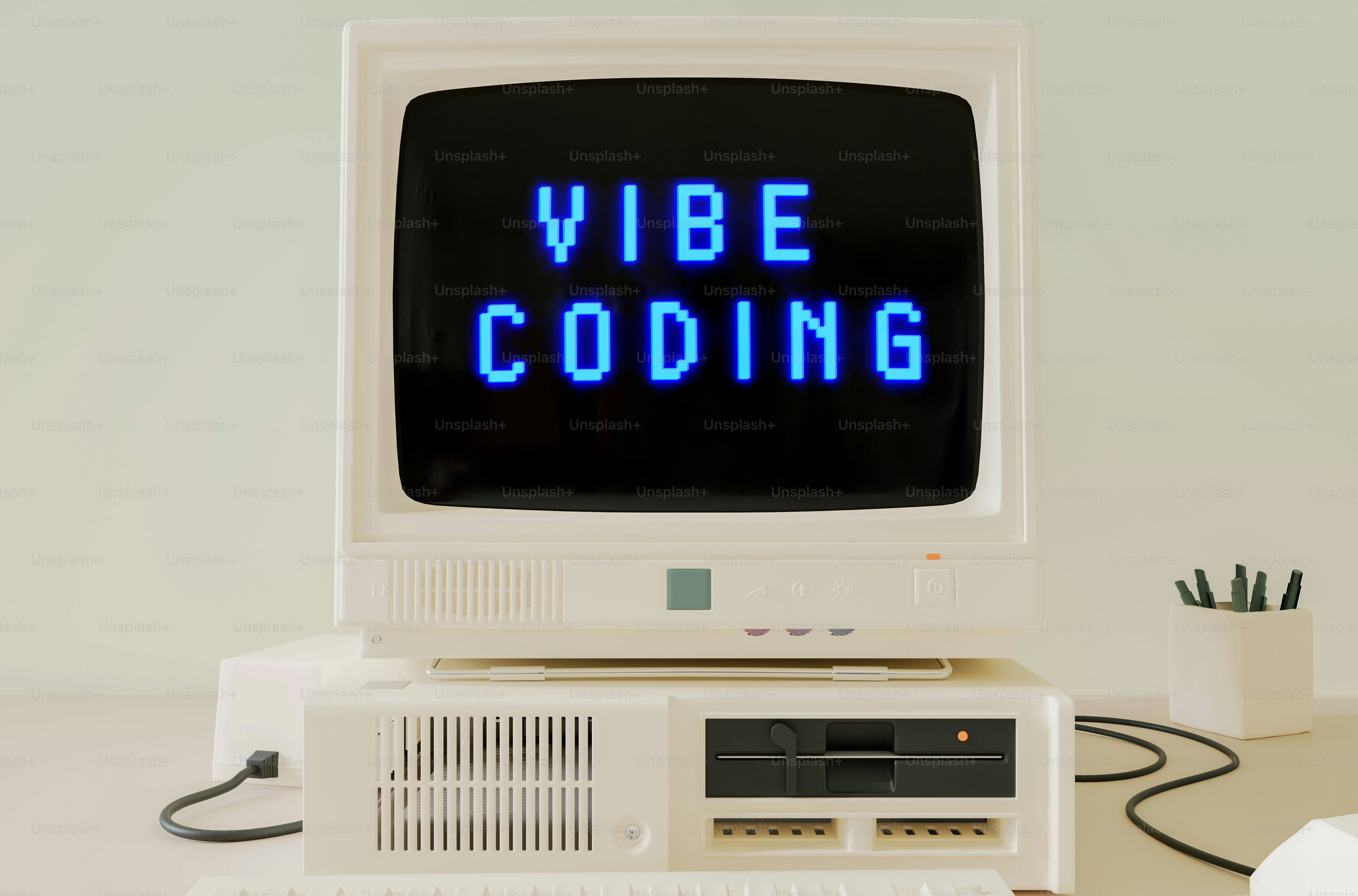 빈티지 컴퓨터 화면에 "vibe coding"이 표시됩니다