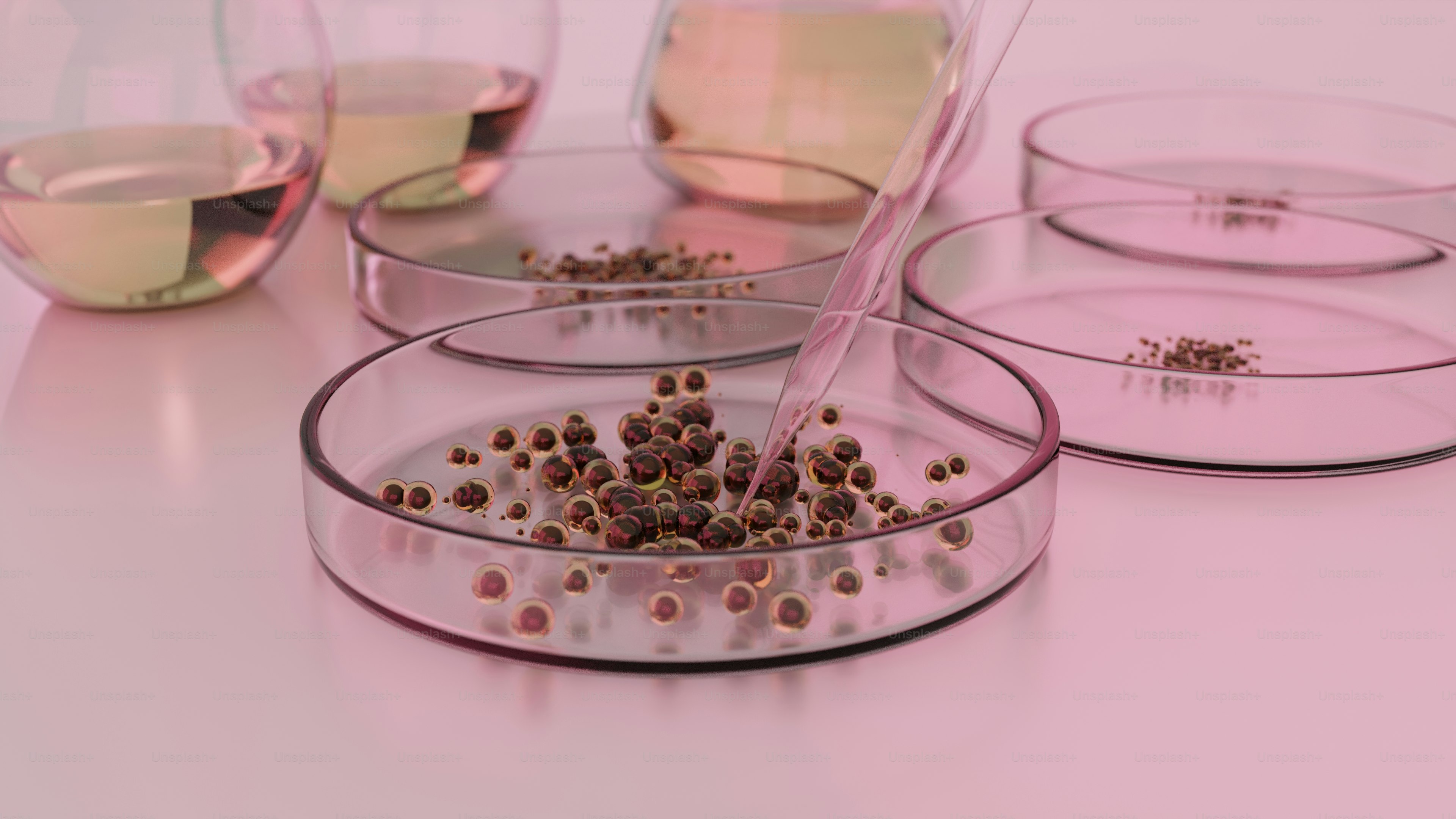 Piastre di Petri con semi e liquidi in laboratorio.