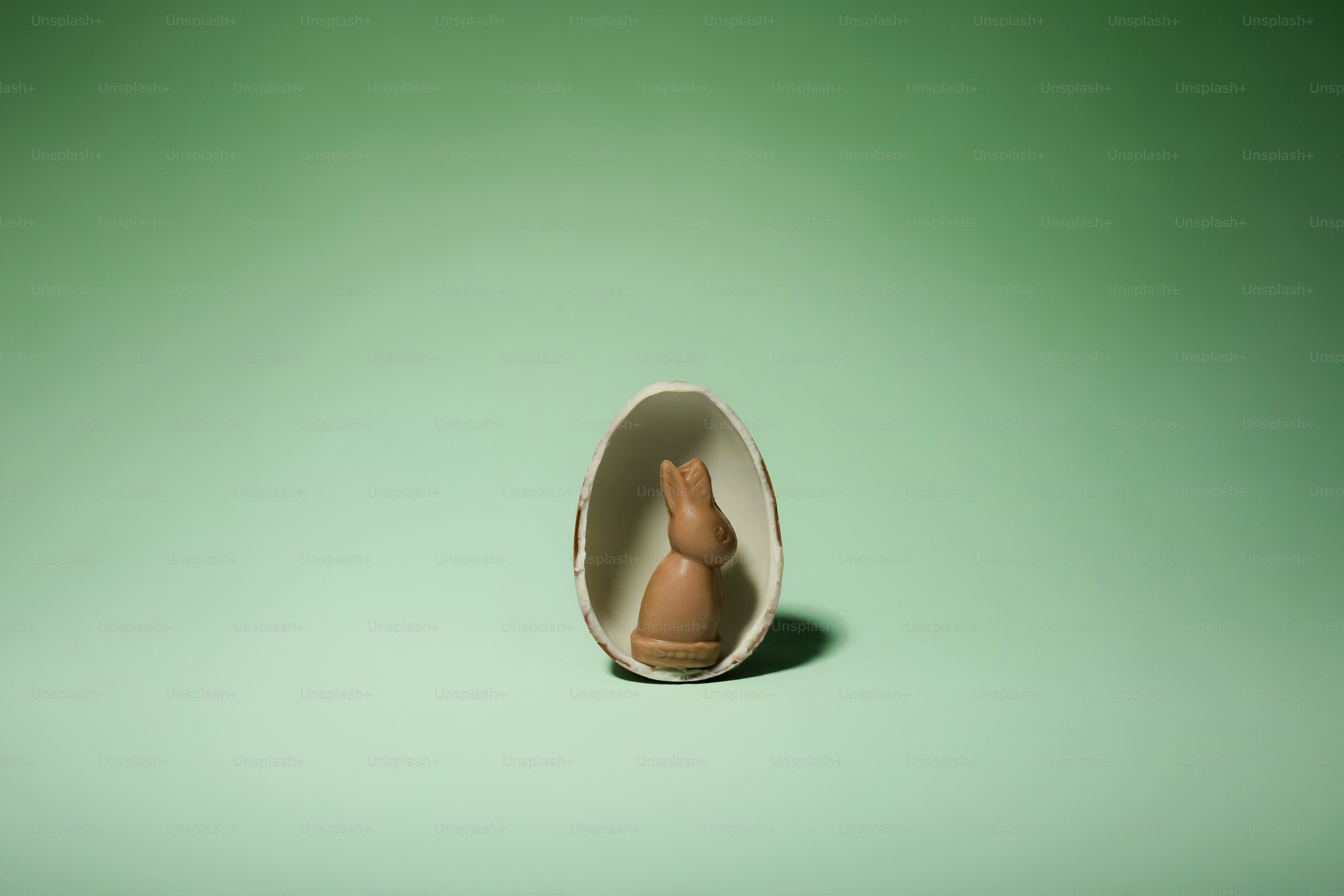 초록색 배경에 달걀껍데기 안에 있는 초콜릿 토끼