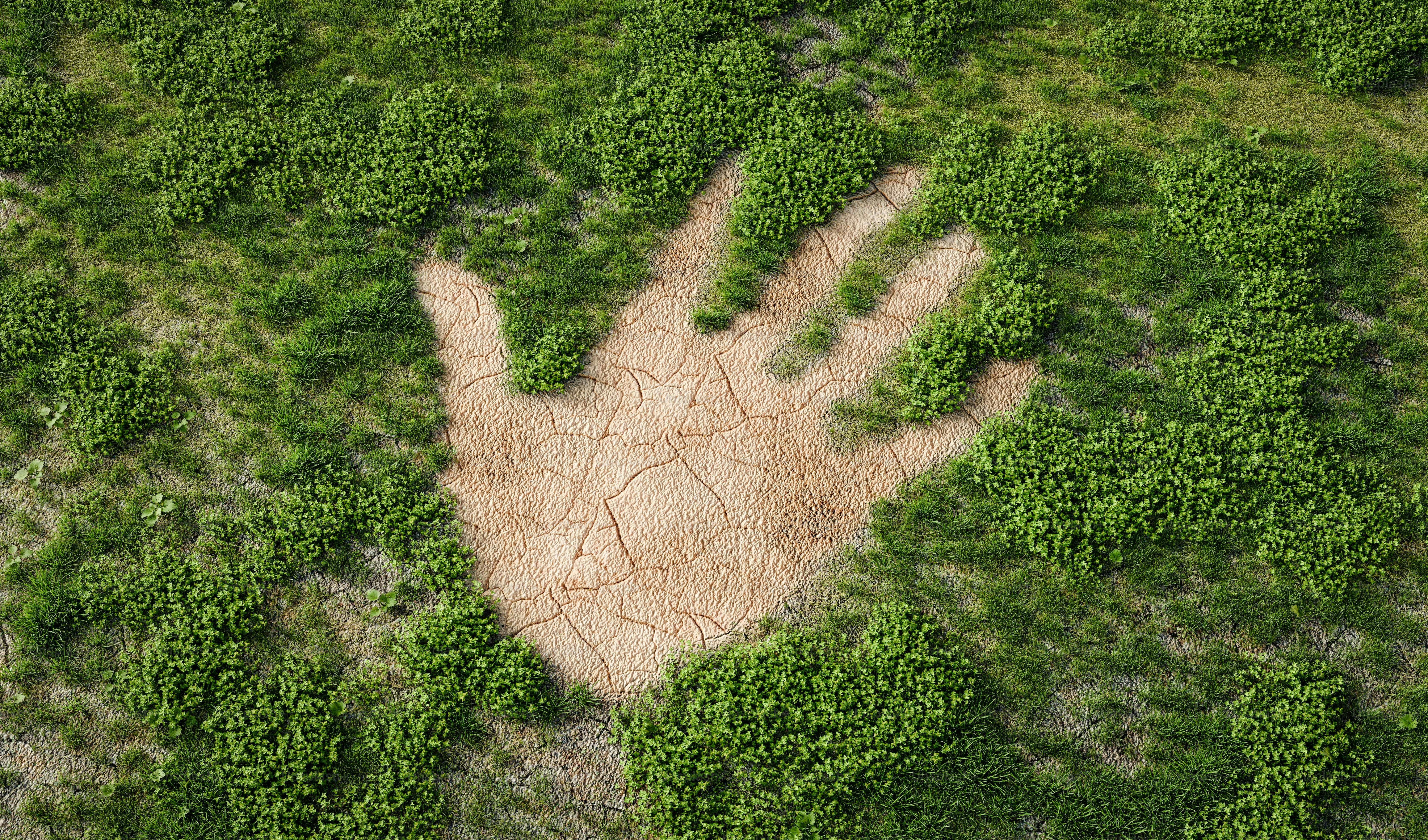 Une empreinte de main dans la terre sèche entourée d’herbe verte.