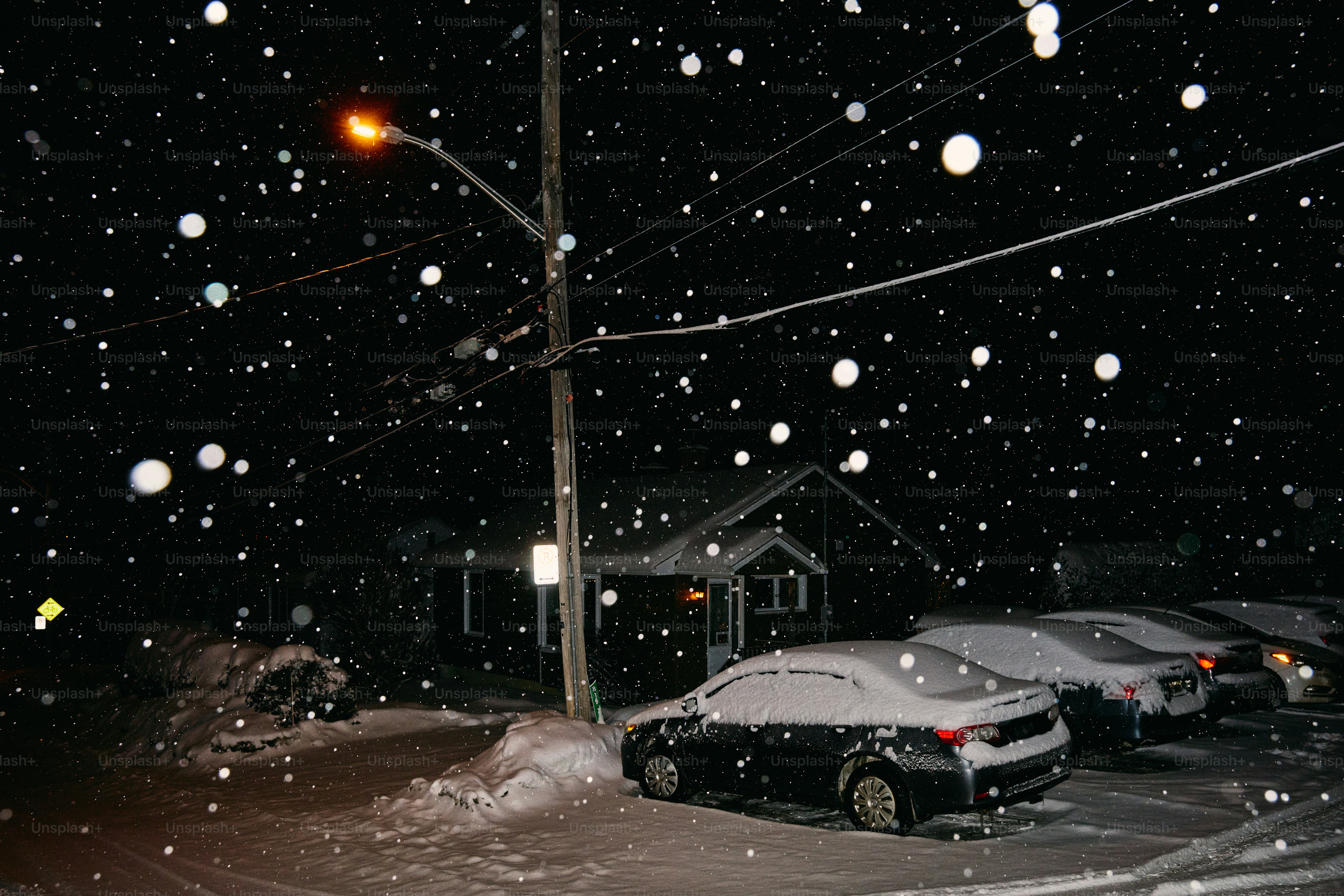 Snowfall at night with cars parked outside.
