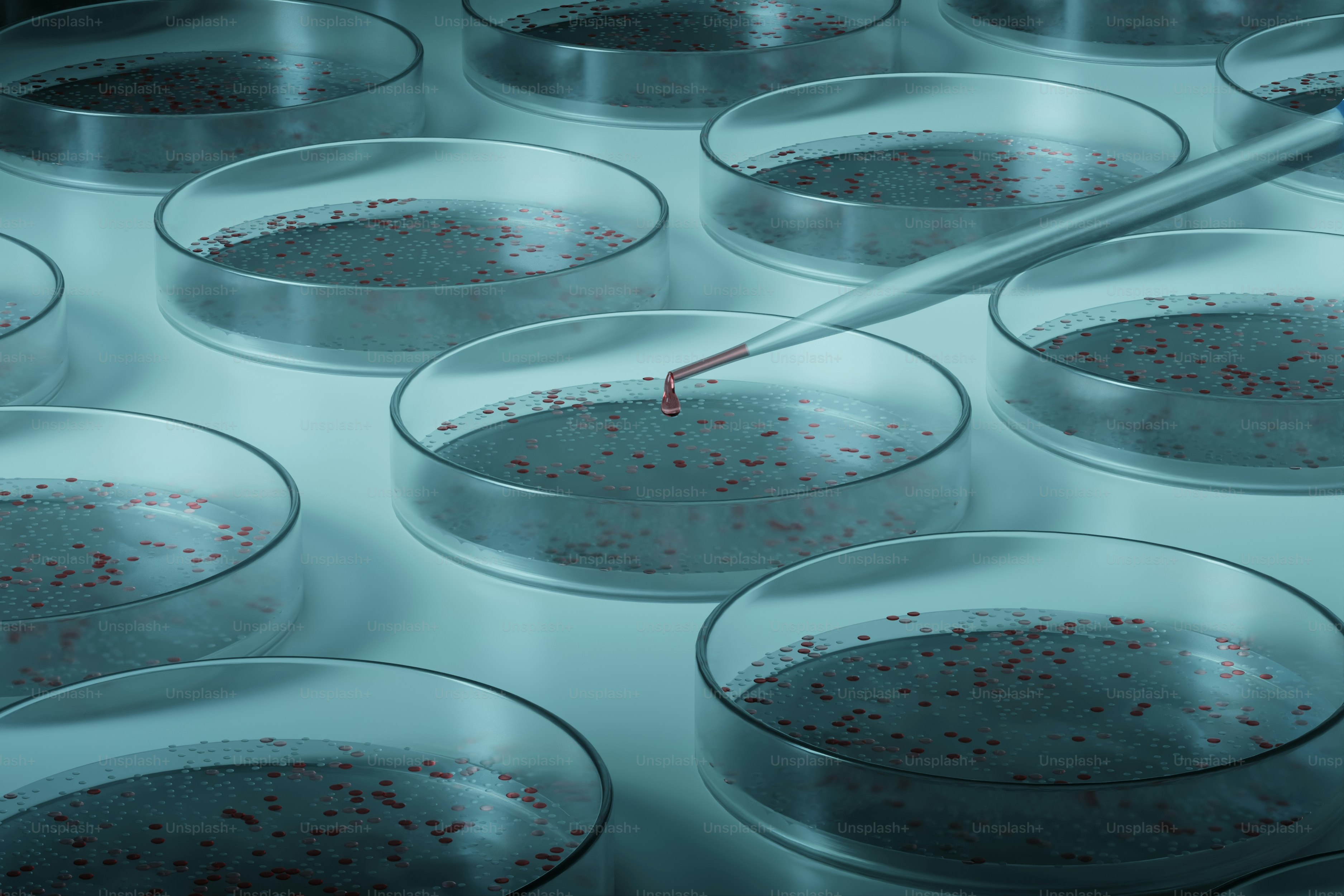 Pipette adding liquid to petri dishes in laboratory