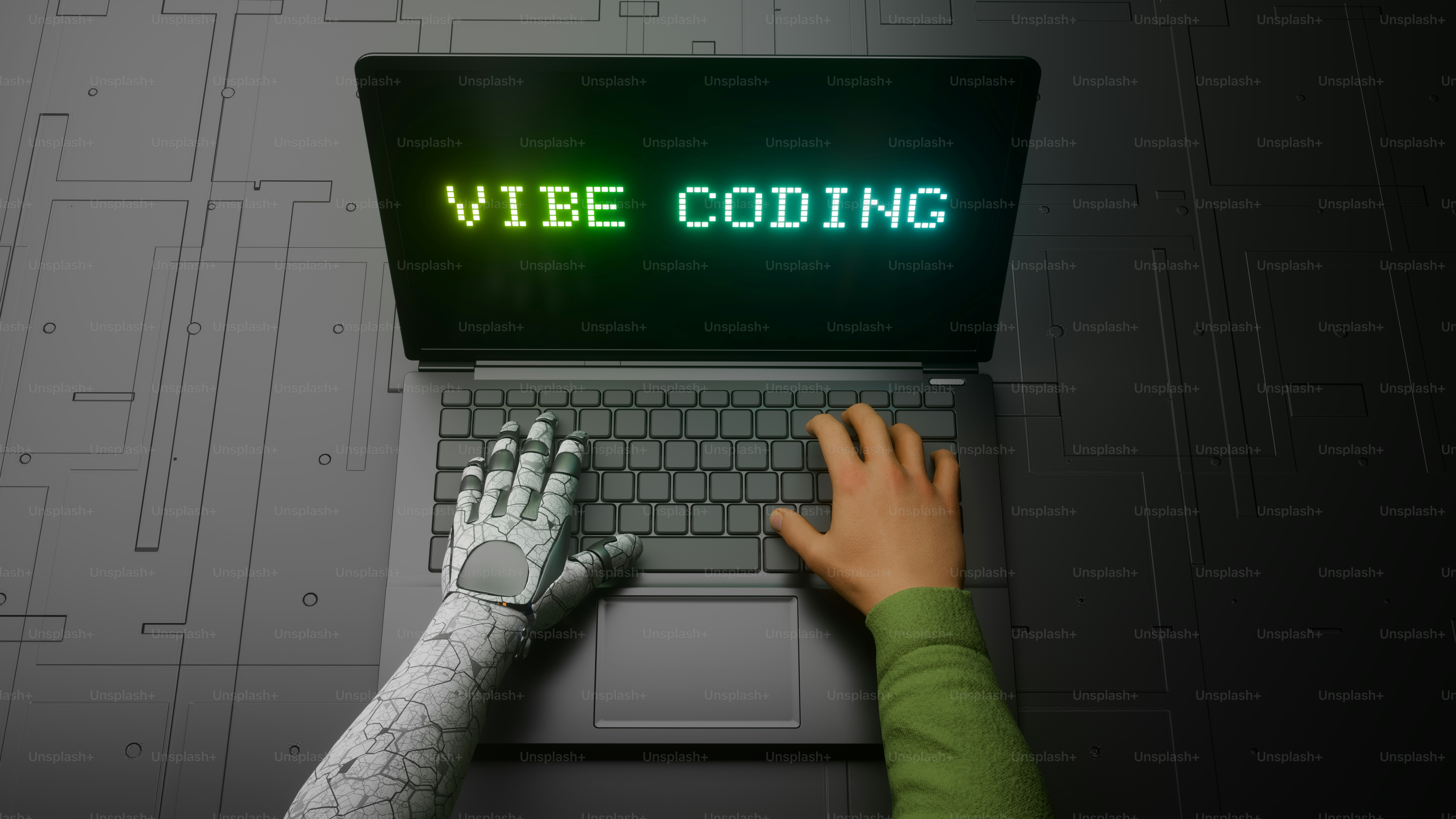 Robot dan tangan manusia mengetik di laptop