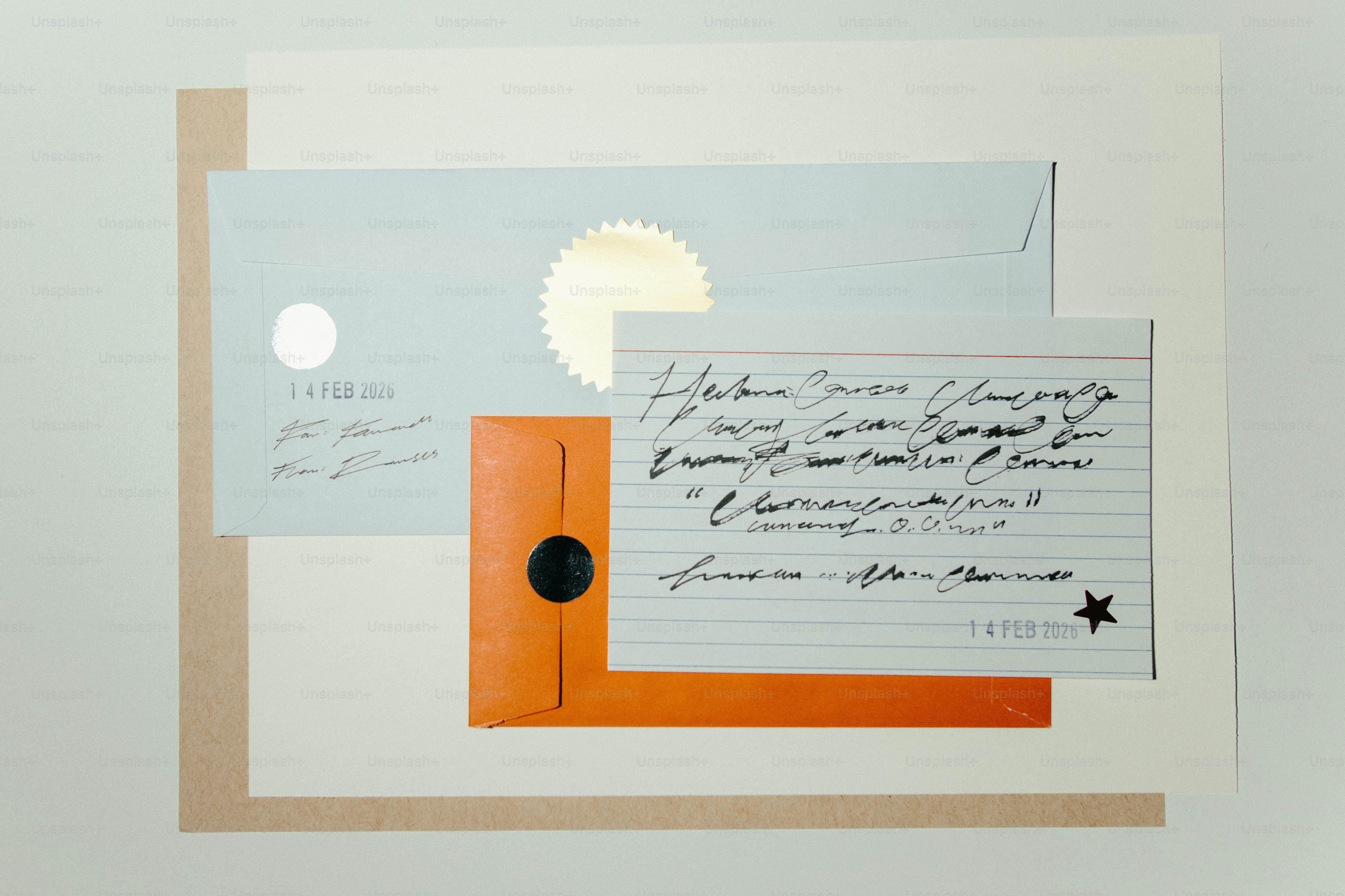 Envelopes and handwritten note arranged on paper