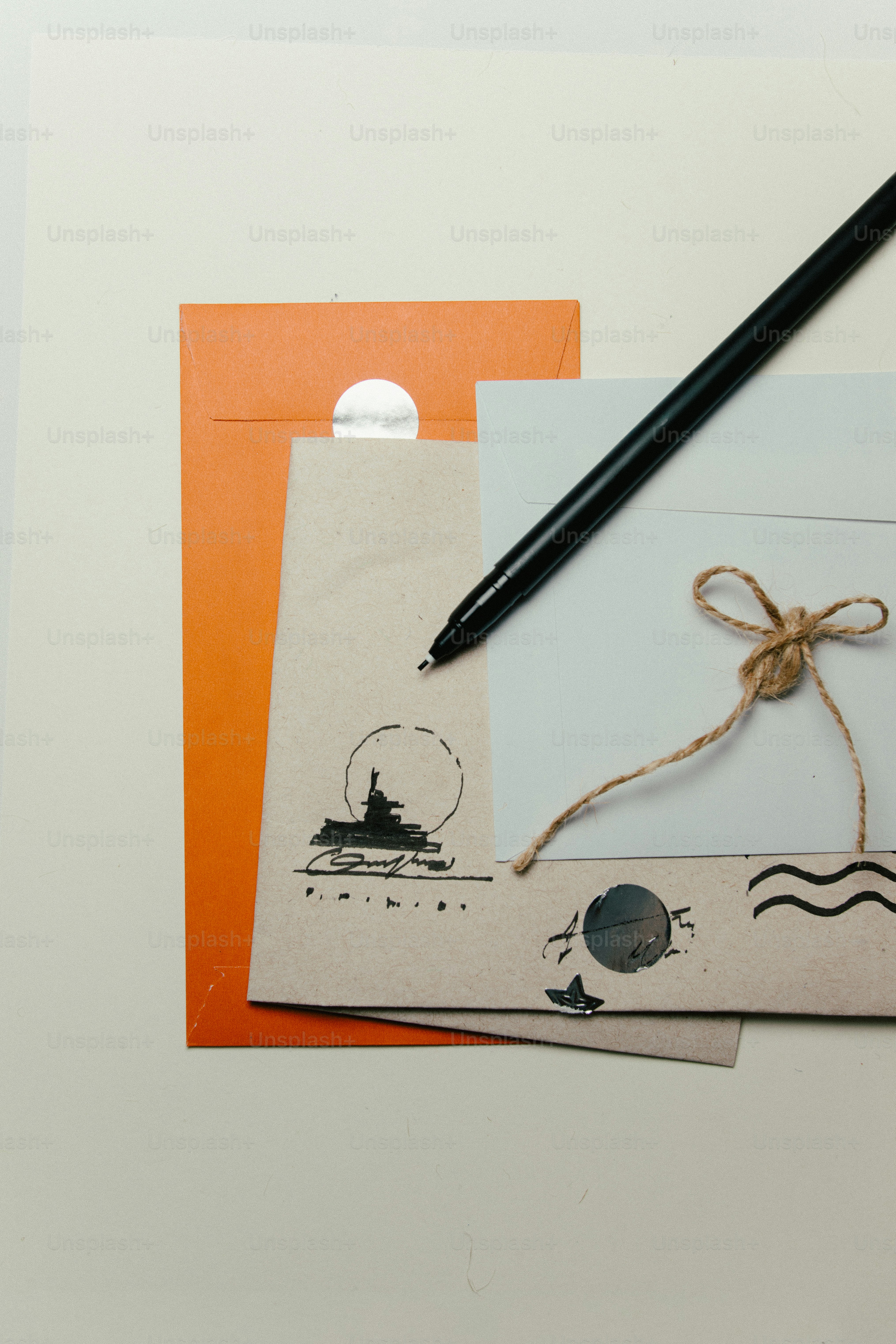 Black pen resting on stationery with drawings.