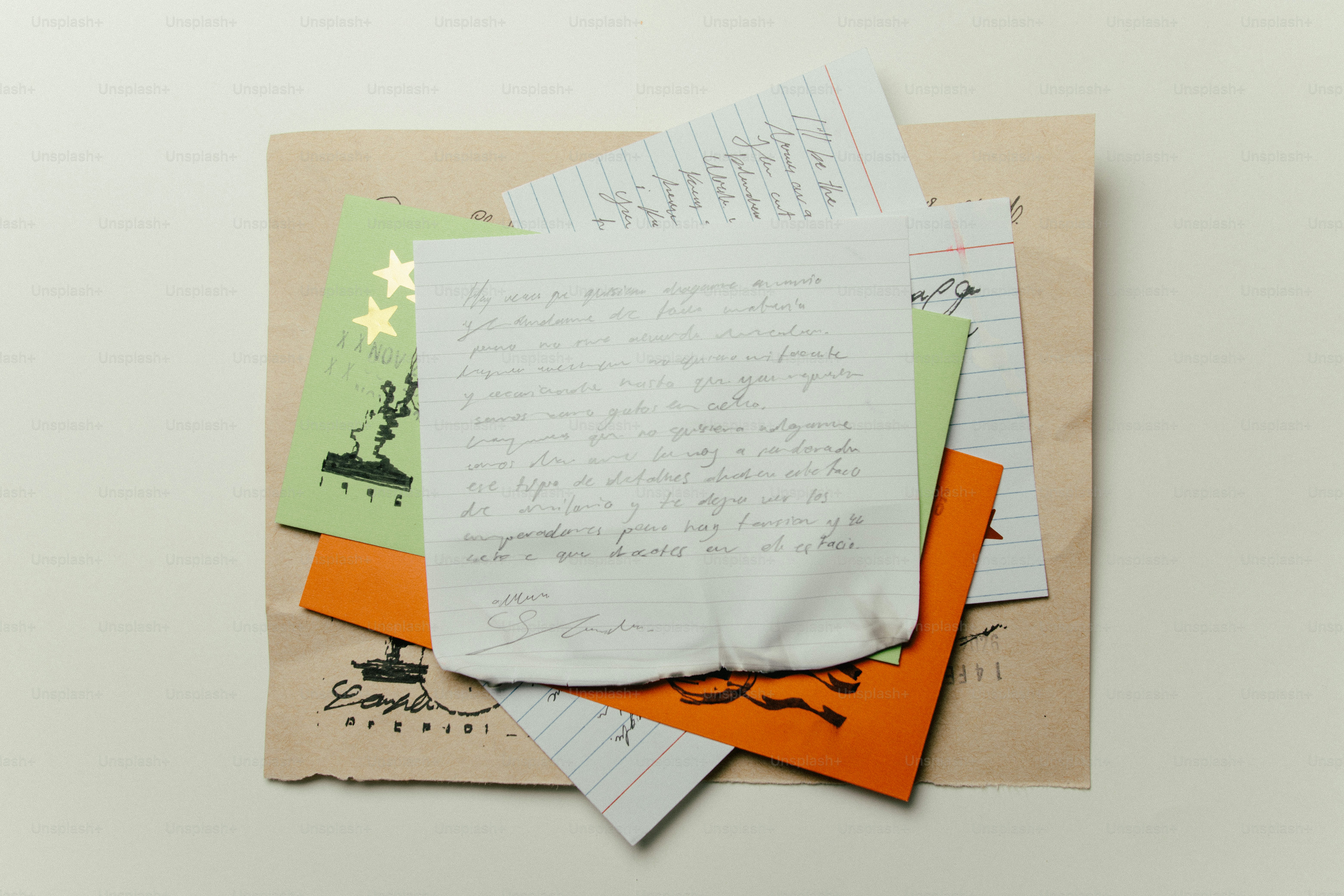 Scattered handwritten notes and colorful cards on envelope. photo ...