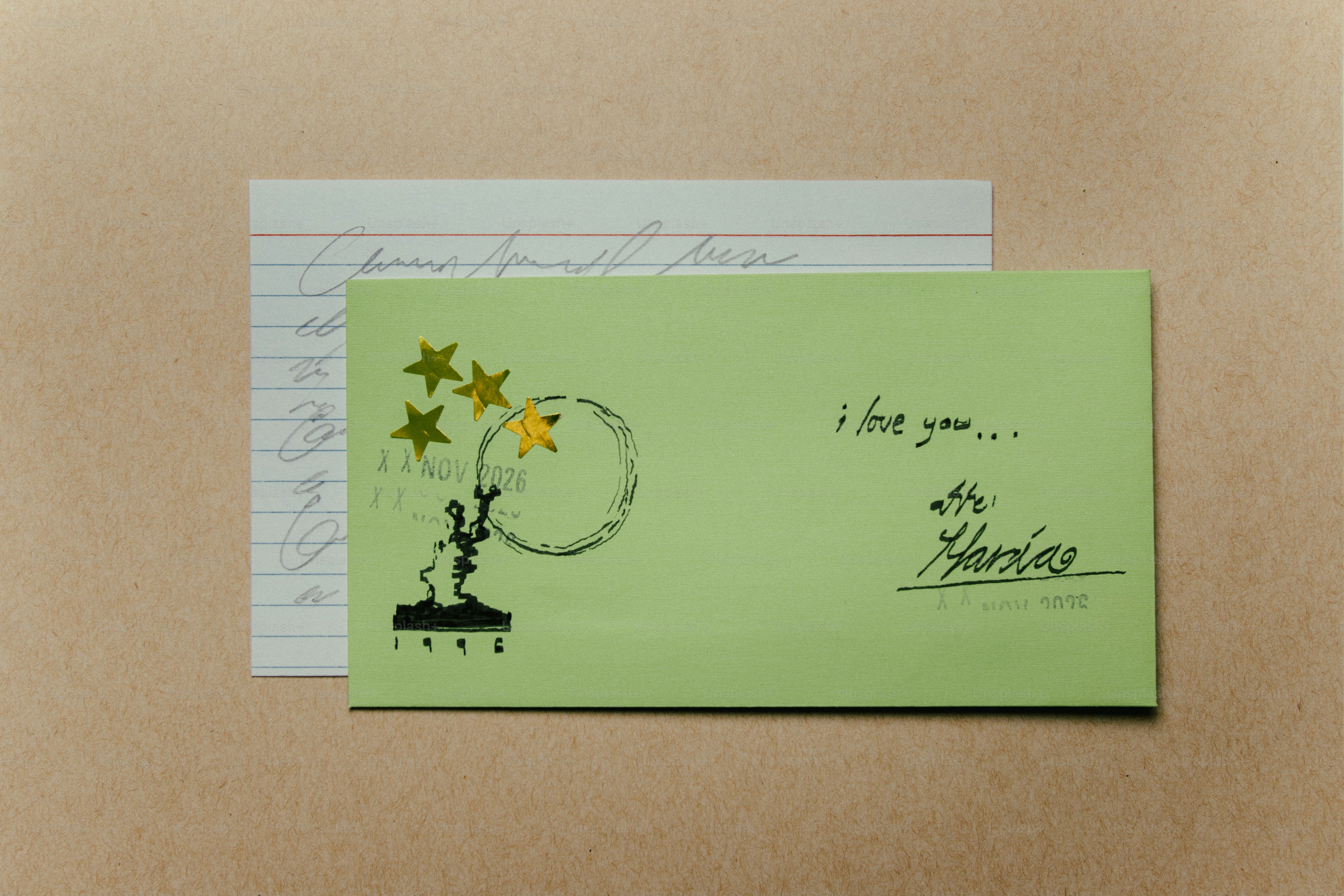 Green card with stars and text 'i love you...'