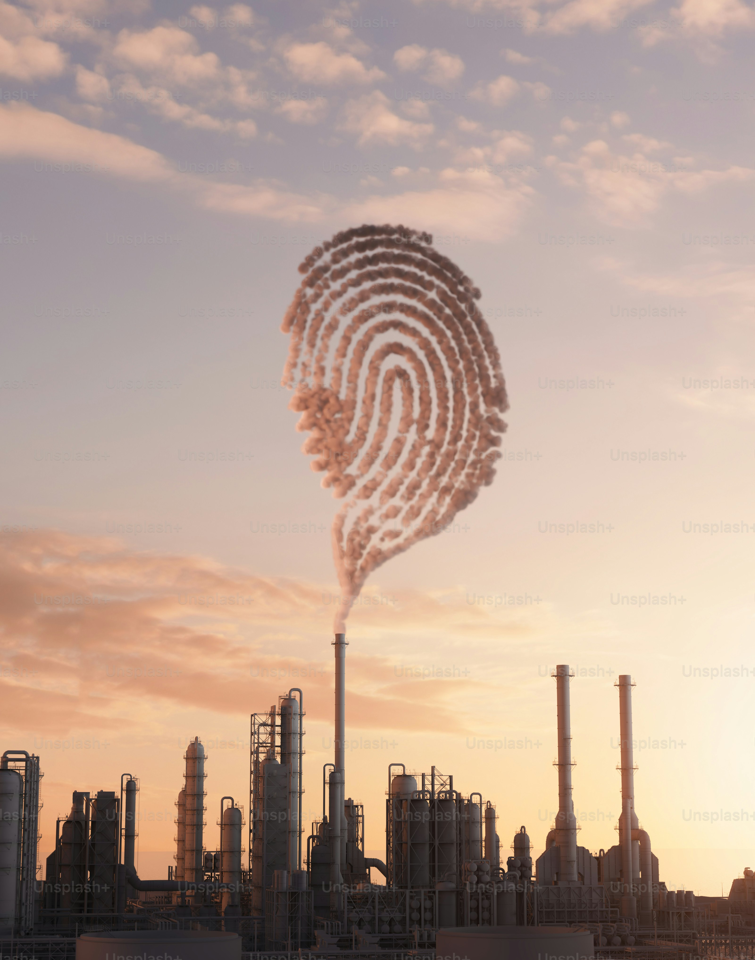 Industrial smokestacks emitting a fingerprint-shaped cloud