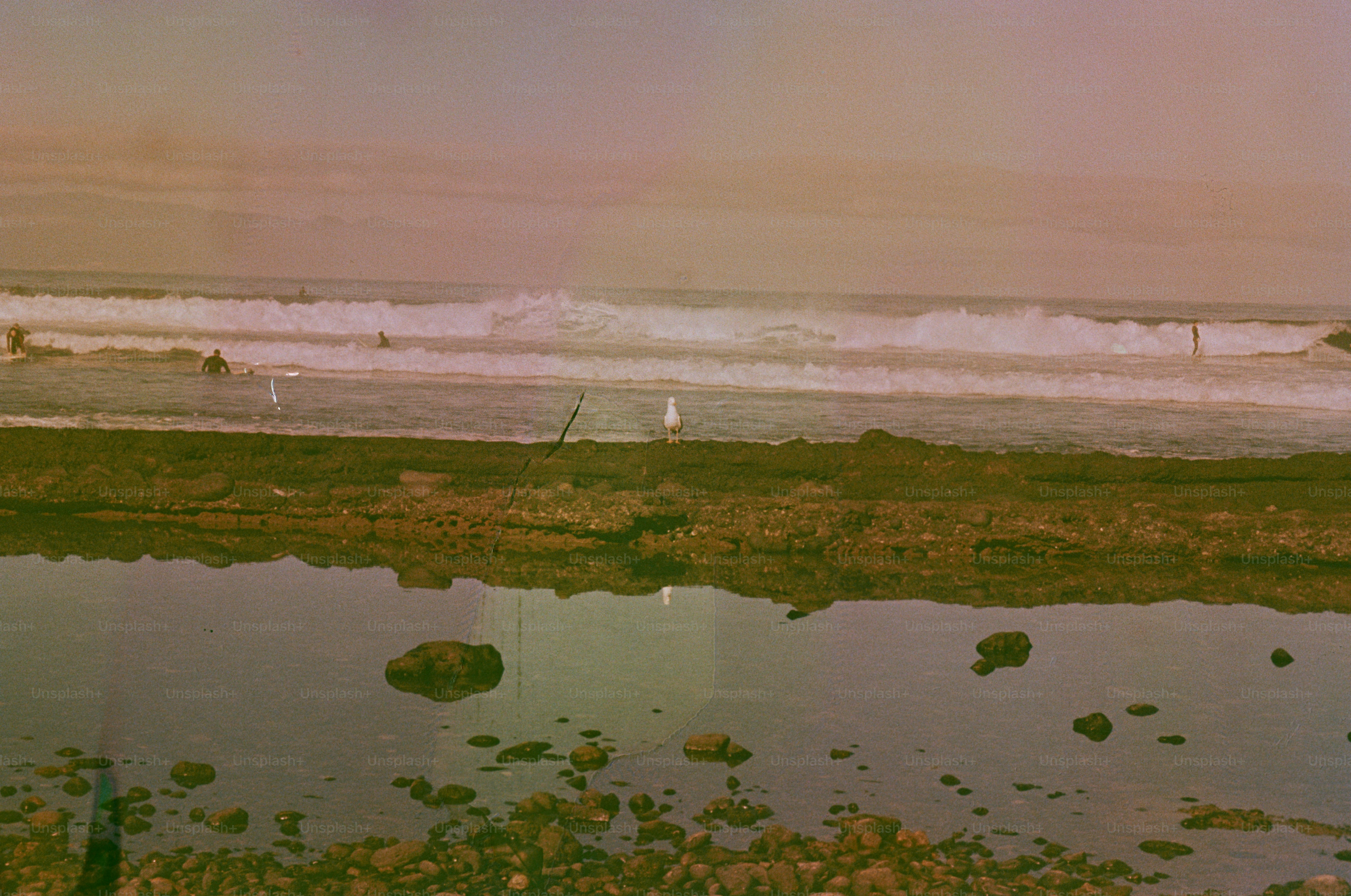 People walking on a sandy beach with waves crashing.
