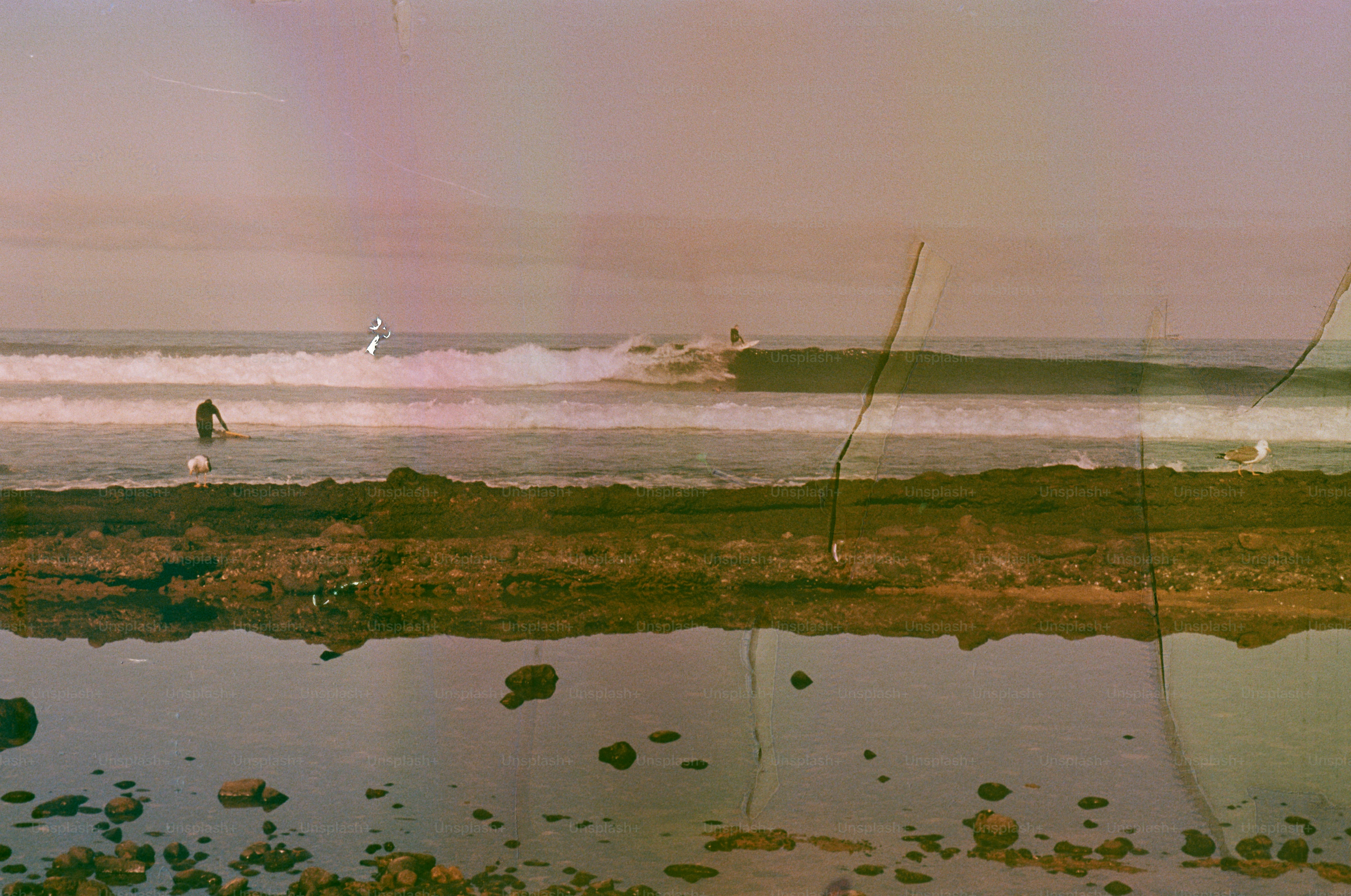 A lone surfer rides a wave at sunset.