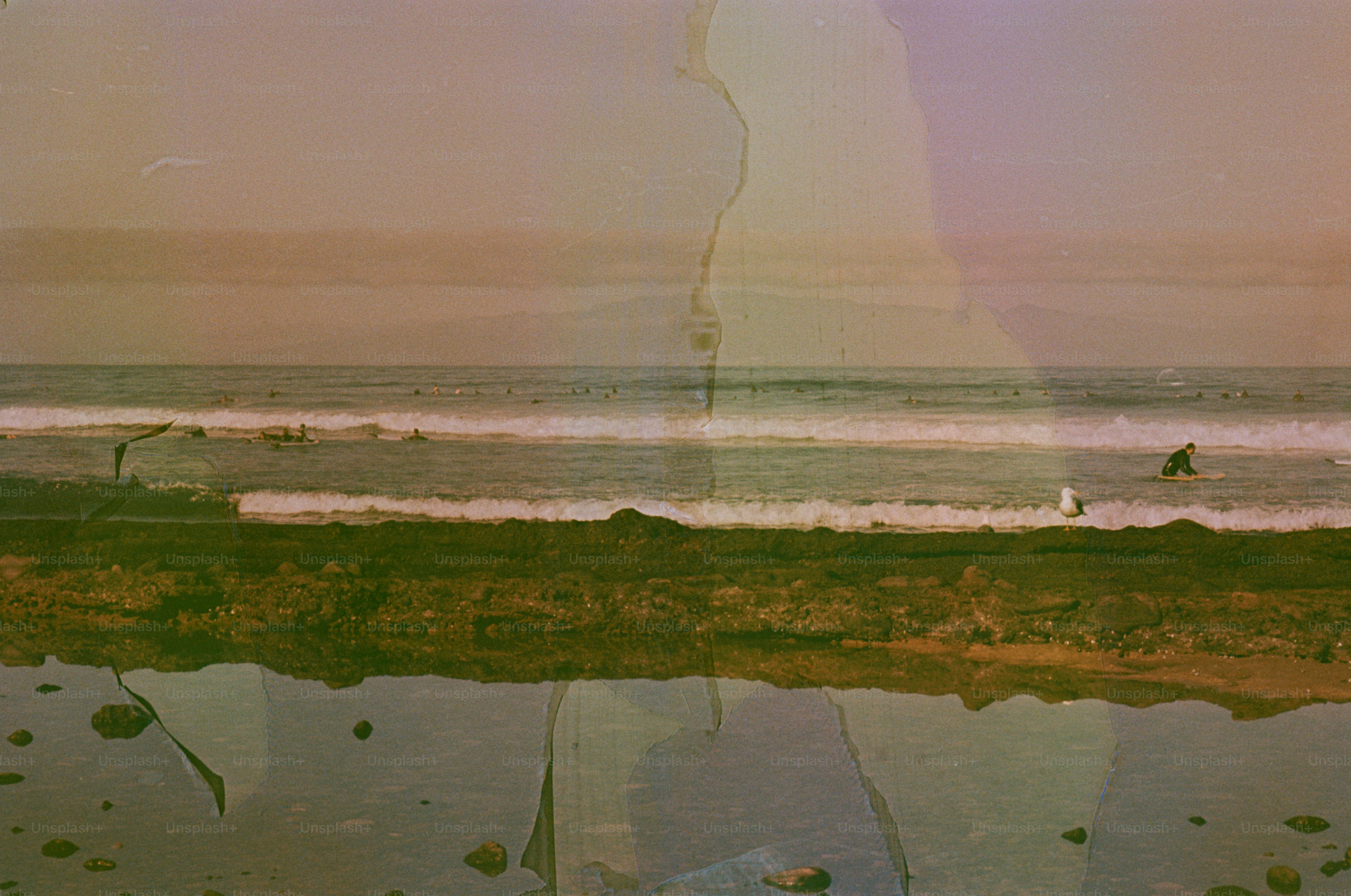 Ocean waves crash on a grassy shore with reflections.