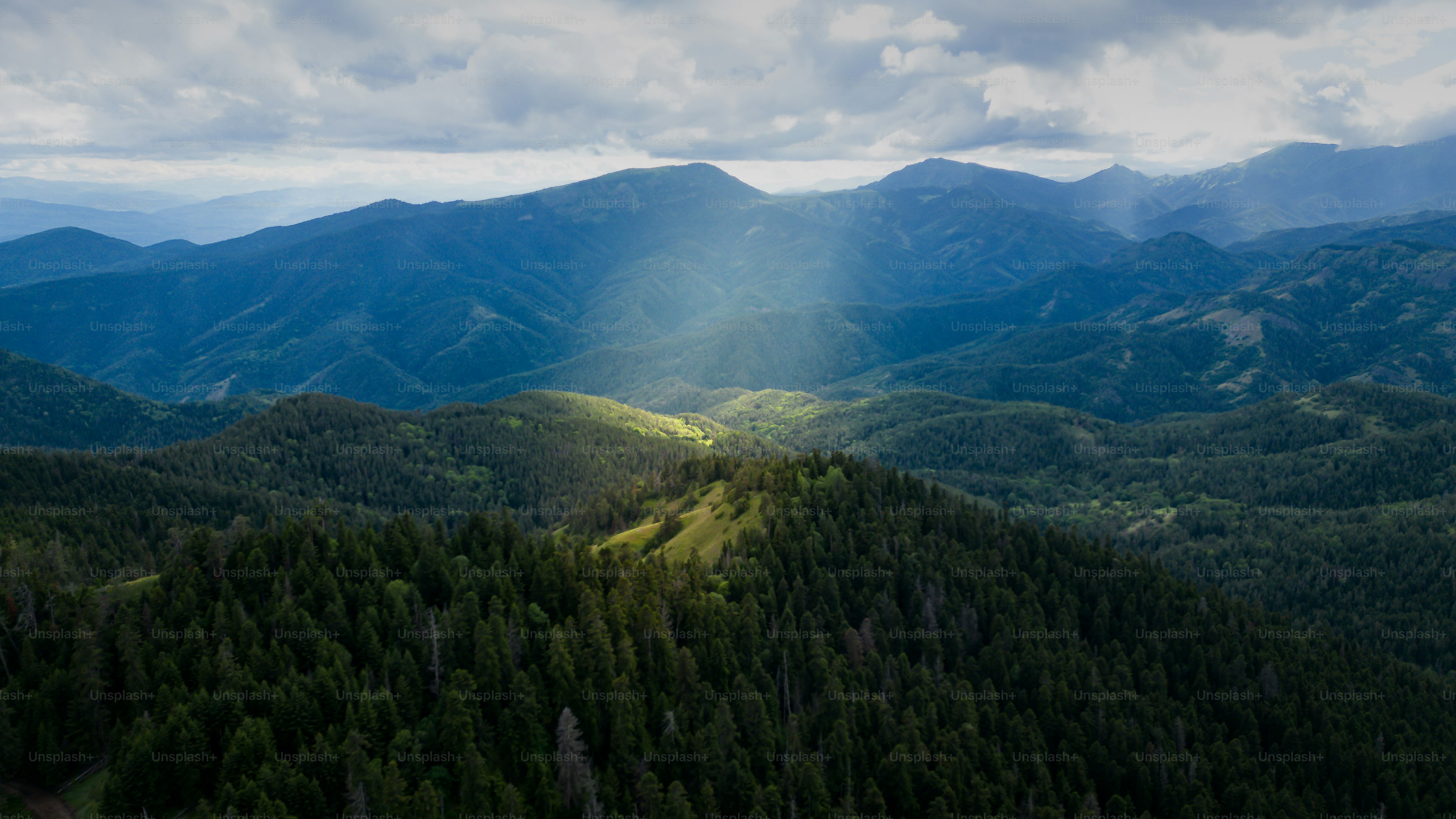 Sunbeams illuminate a lush, forested mountain range.