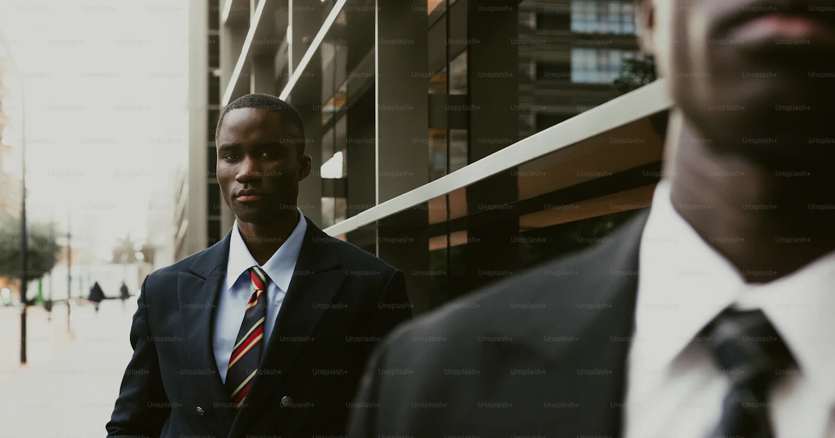 Building From Suits Two men in suits walking outside a modern building photo – Business ...