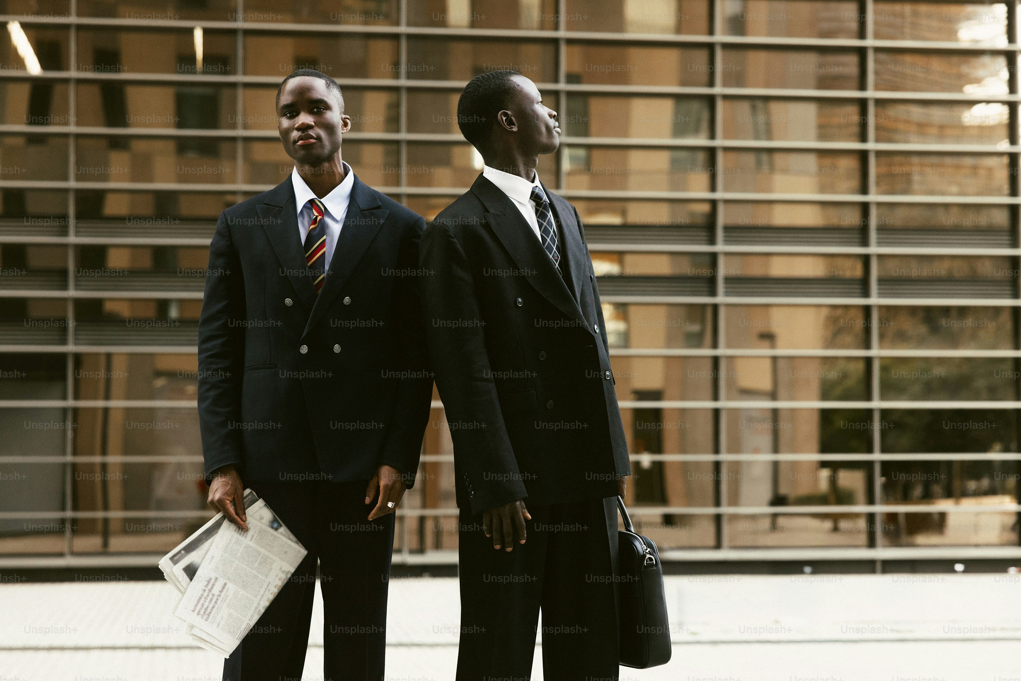 Two men in suits standing outside a modern building.