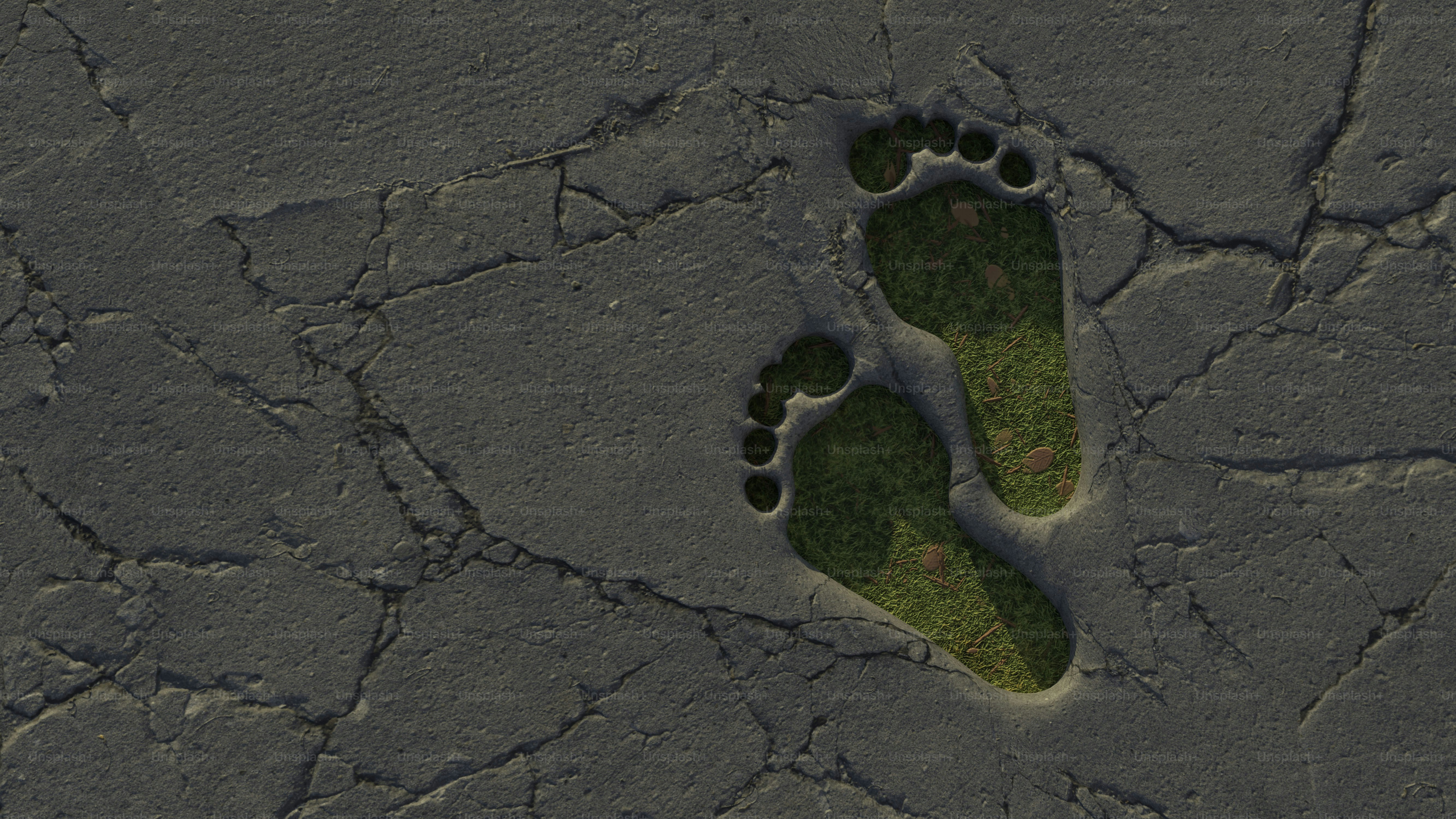 Footprints in cracked earth revealing green grass