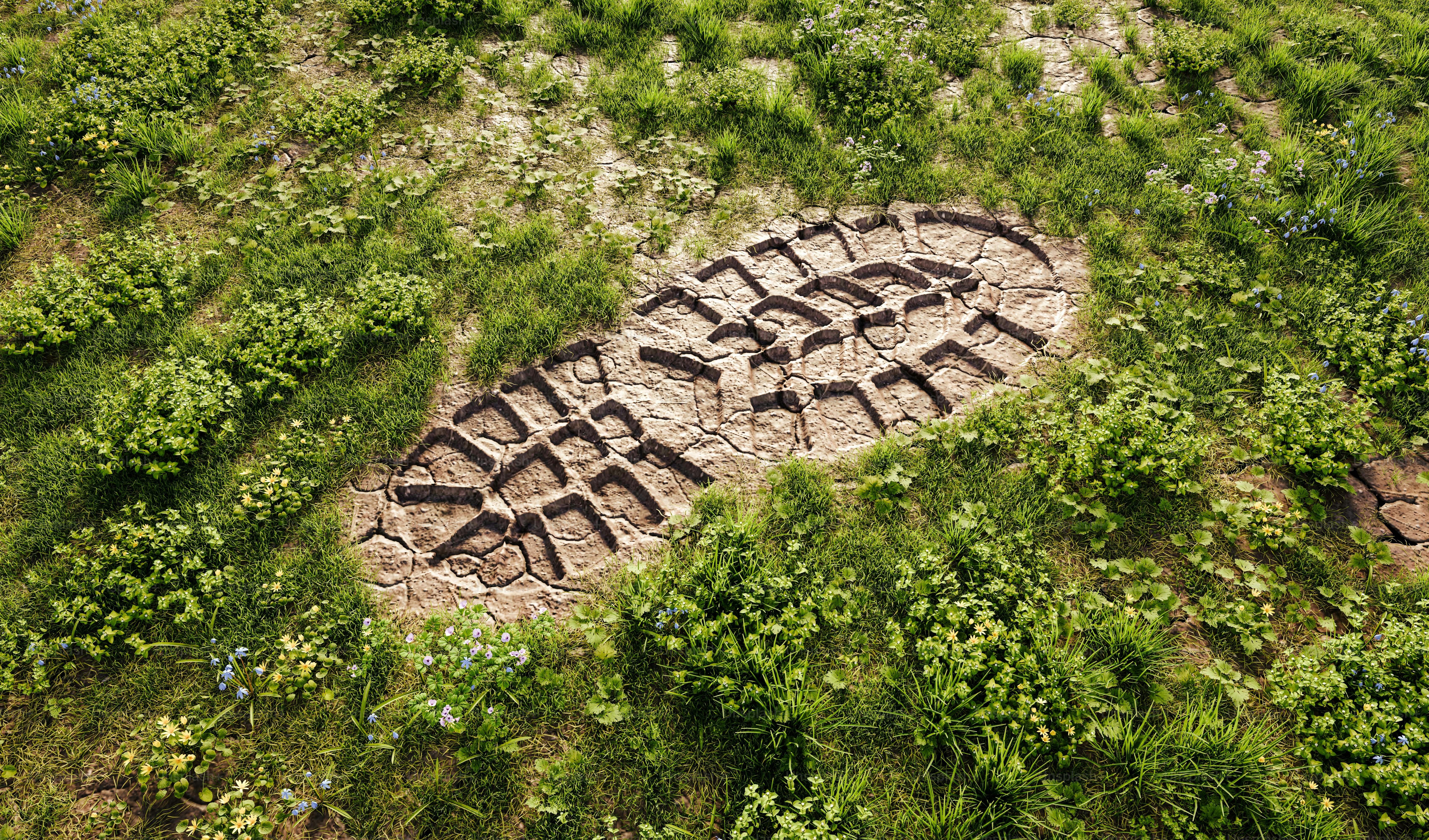 Une empreinte de botte pressée dans la terre sèche et l’herbe.