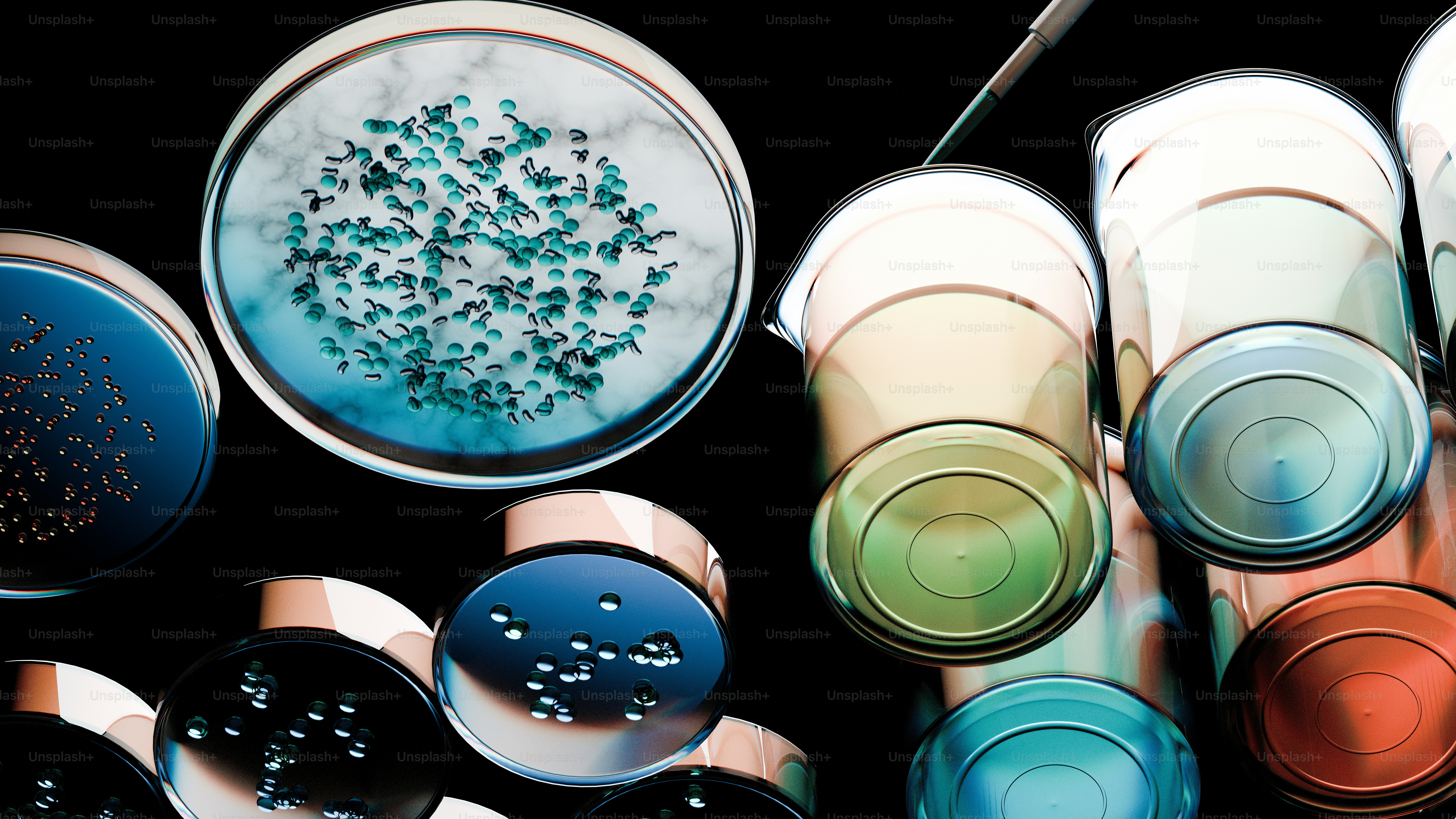 色とりどりの細菌培養物が入ったペトリ皿