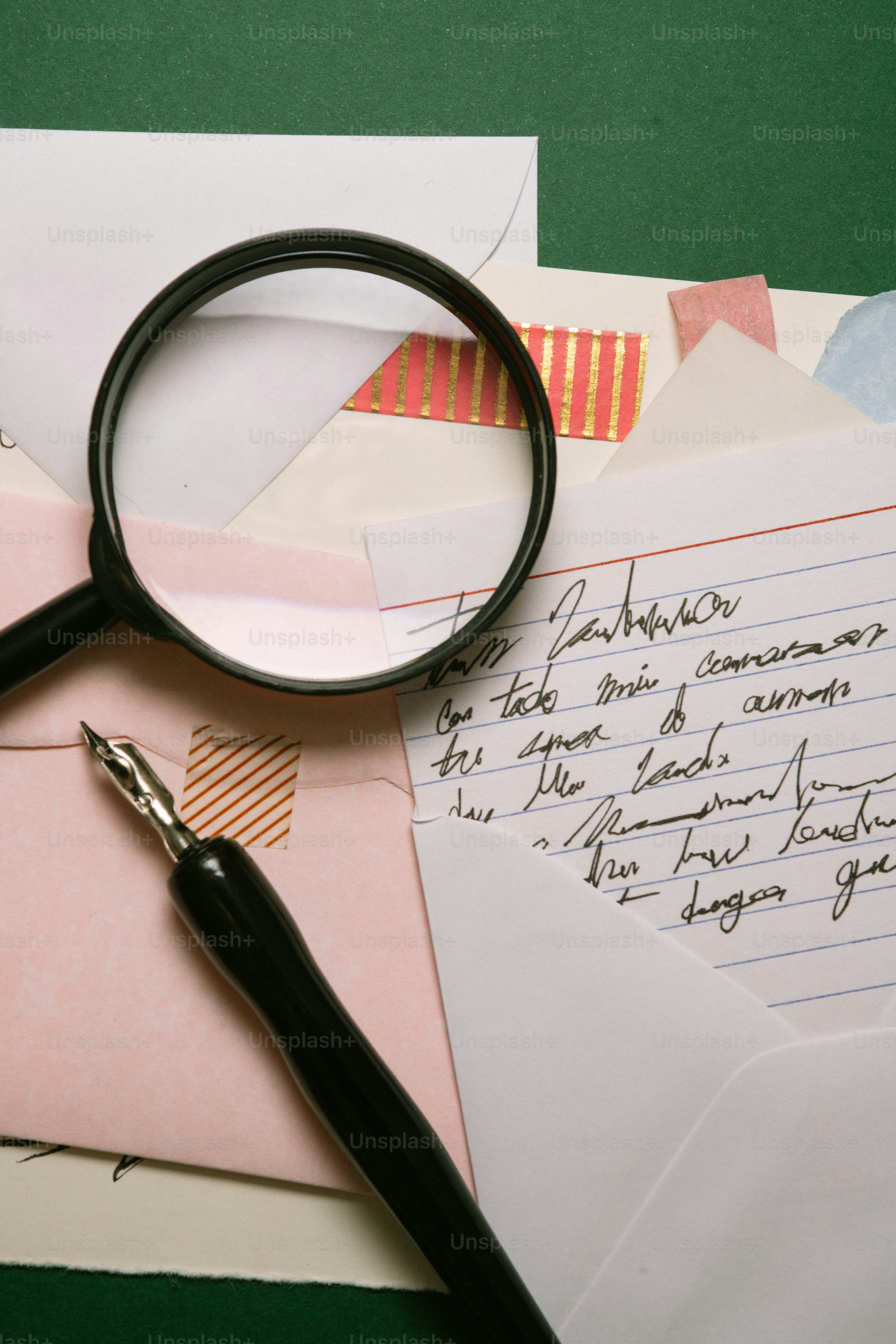 Magnifying glass and fountain pen over letters photo – Paper Image on ...