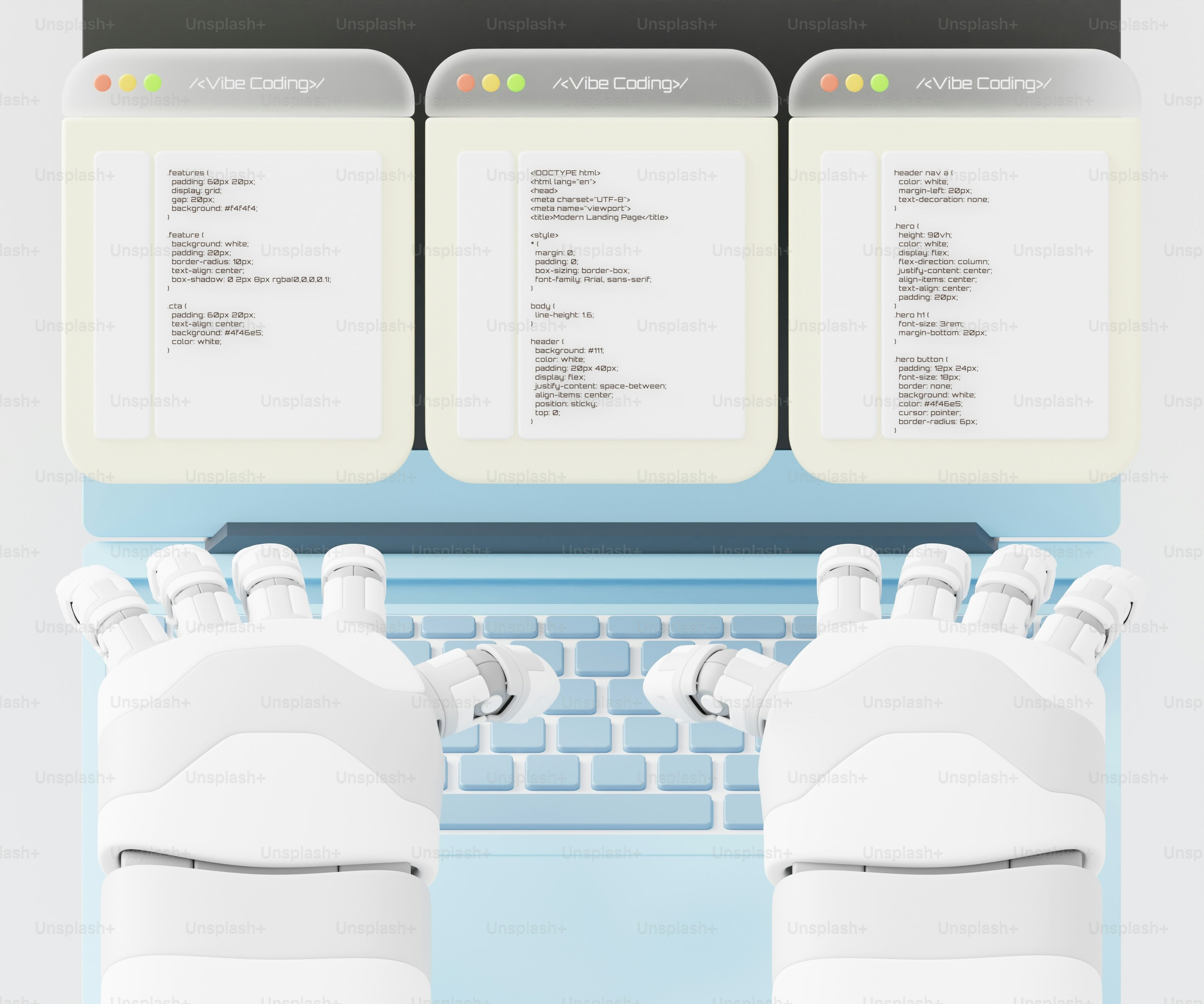 Roboter tippt mit Händen auf einem Laptop mit drei Codefenstern.