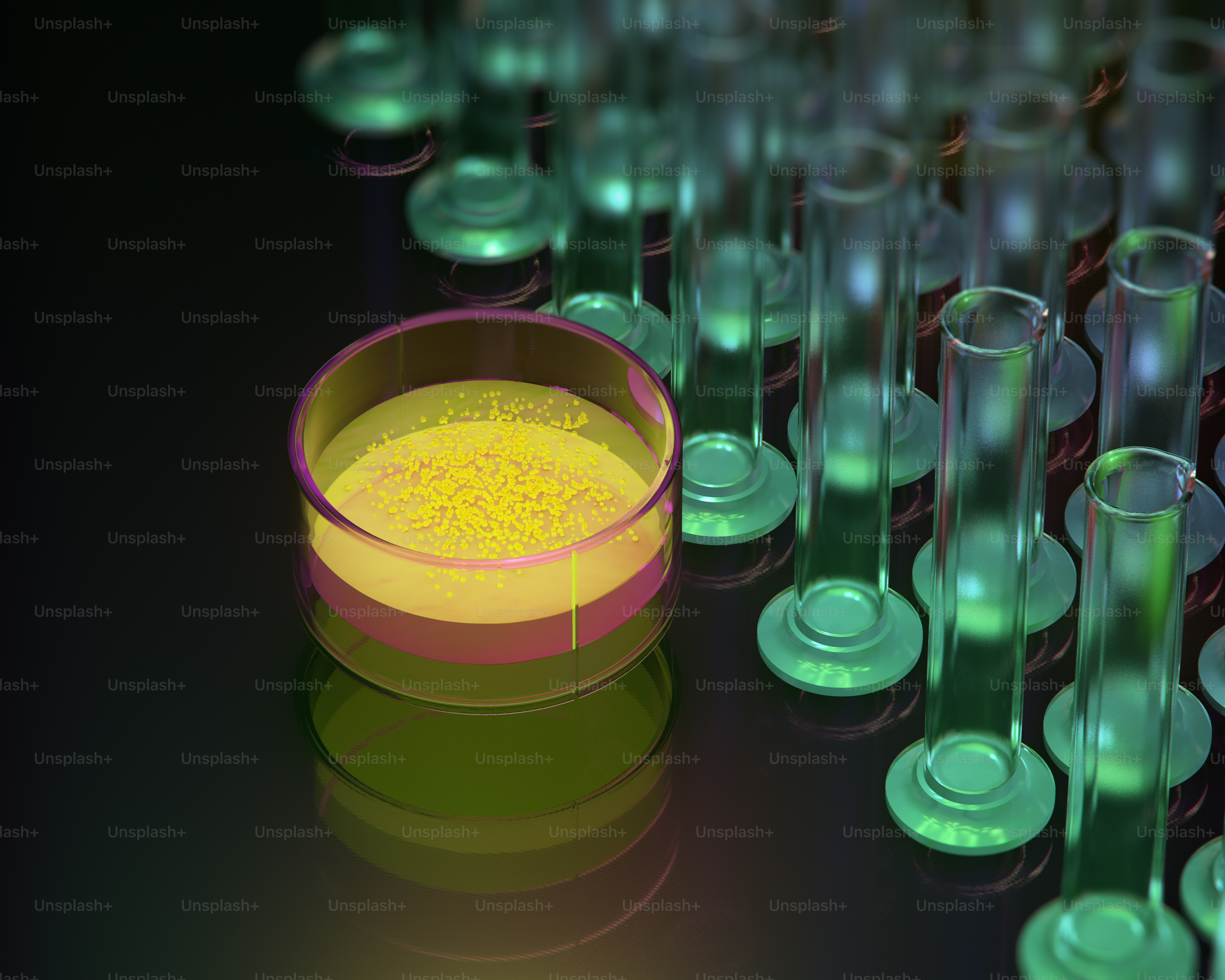 Yellow powder in a glass container with test tubes photo – Science ...