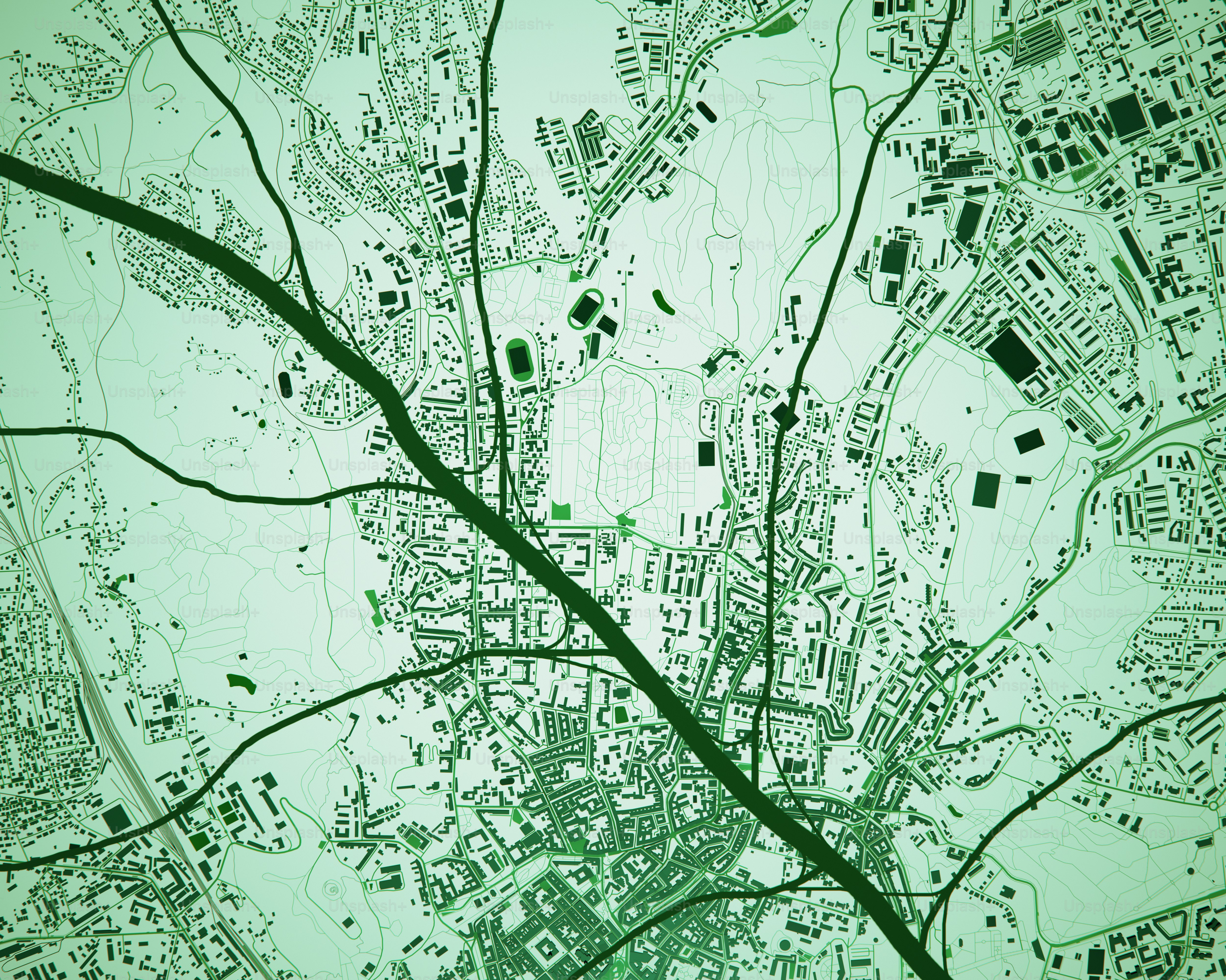 Aerial view of a city map with roads and roads