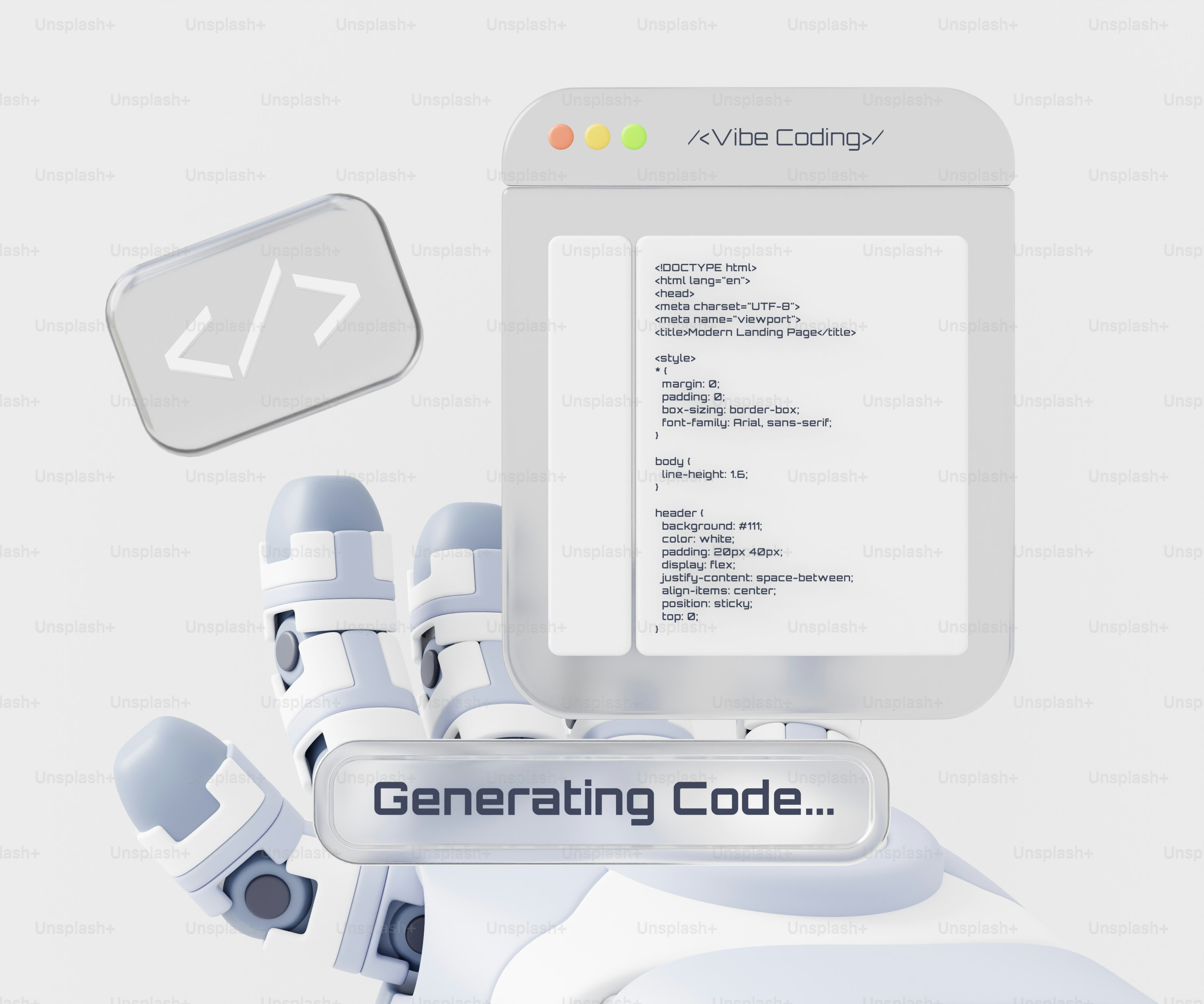 Roboterhand erzeugt Code auf einem Bildschirm.