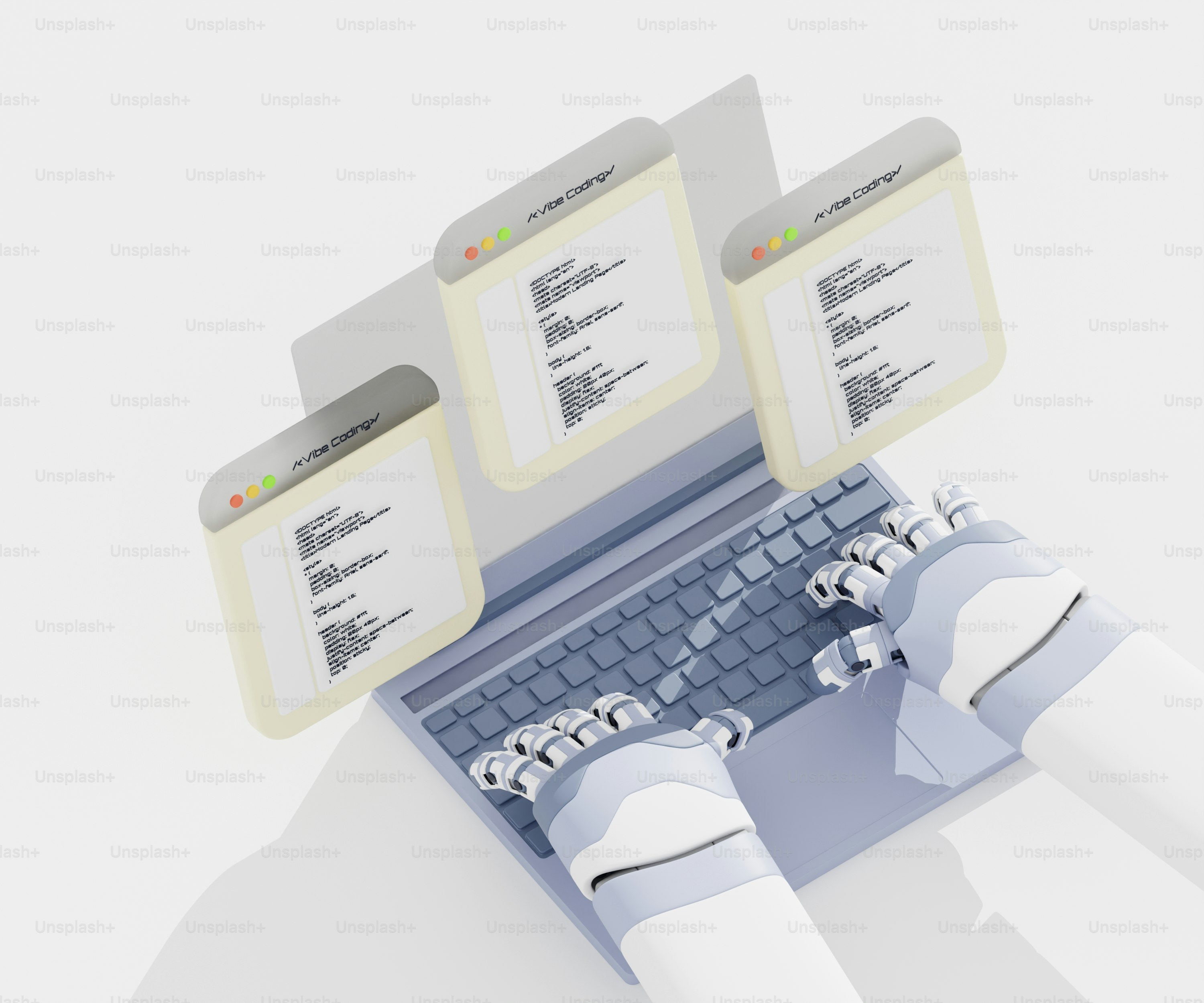 Roboterhände, die auf einem Laptop mit Codefenstern tippen.