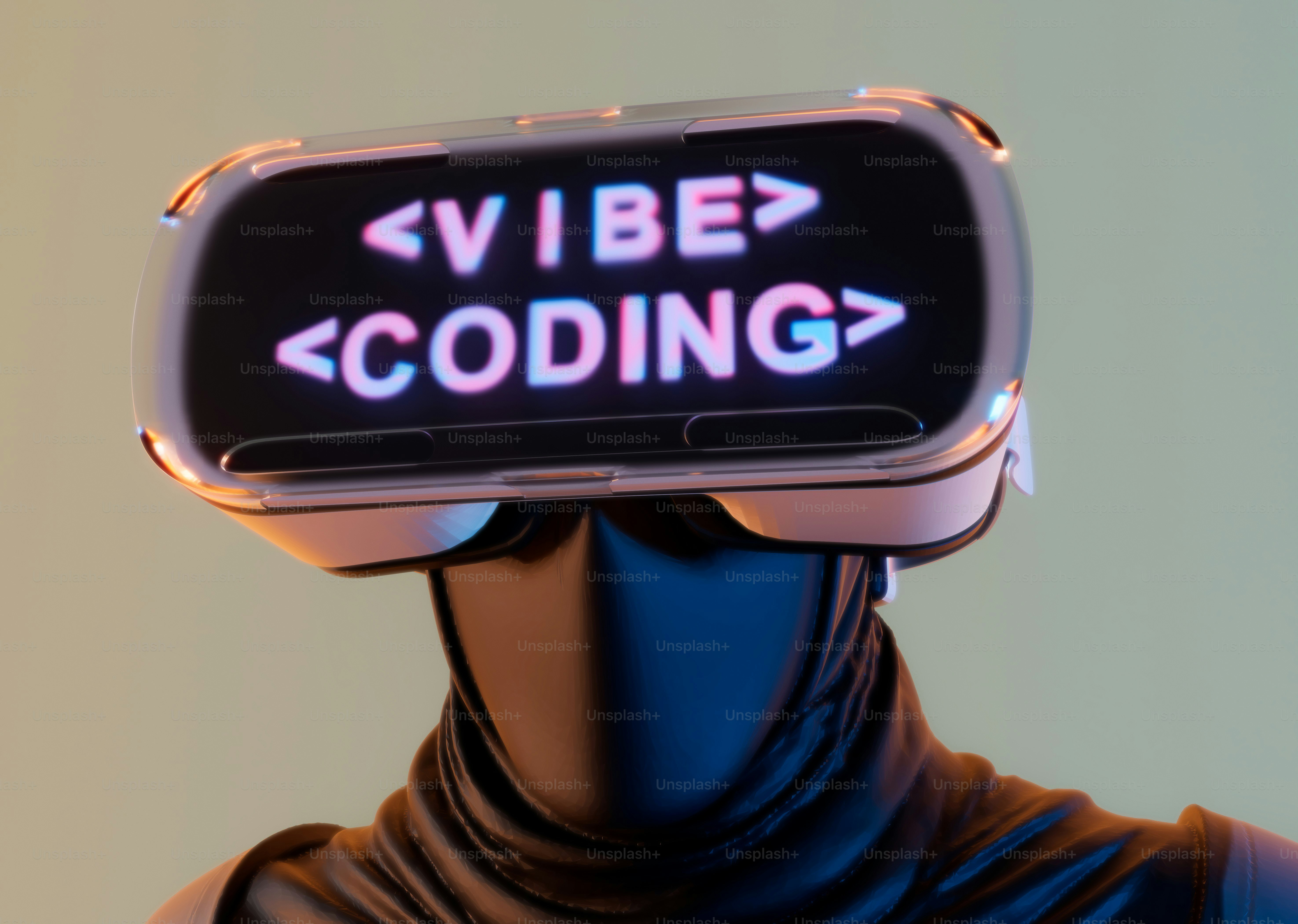 Casco de realidad virtual mostrando texto de 'vibe coding'