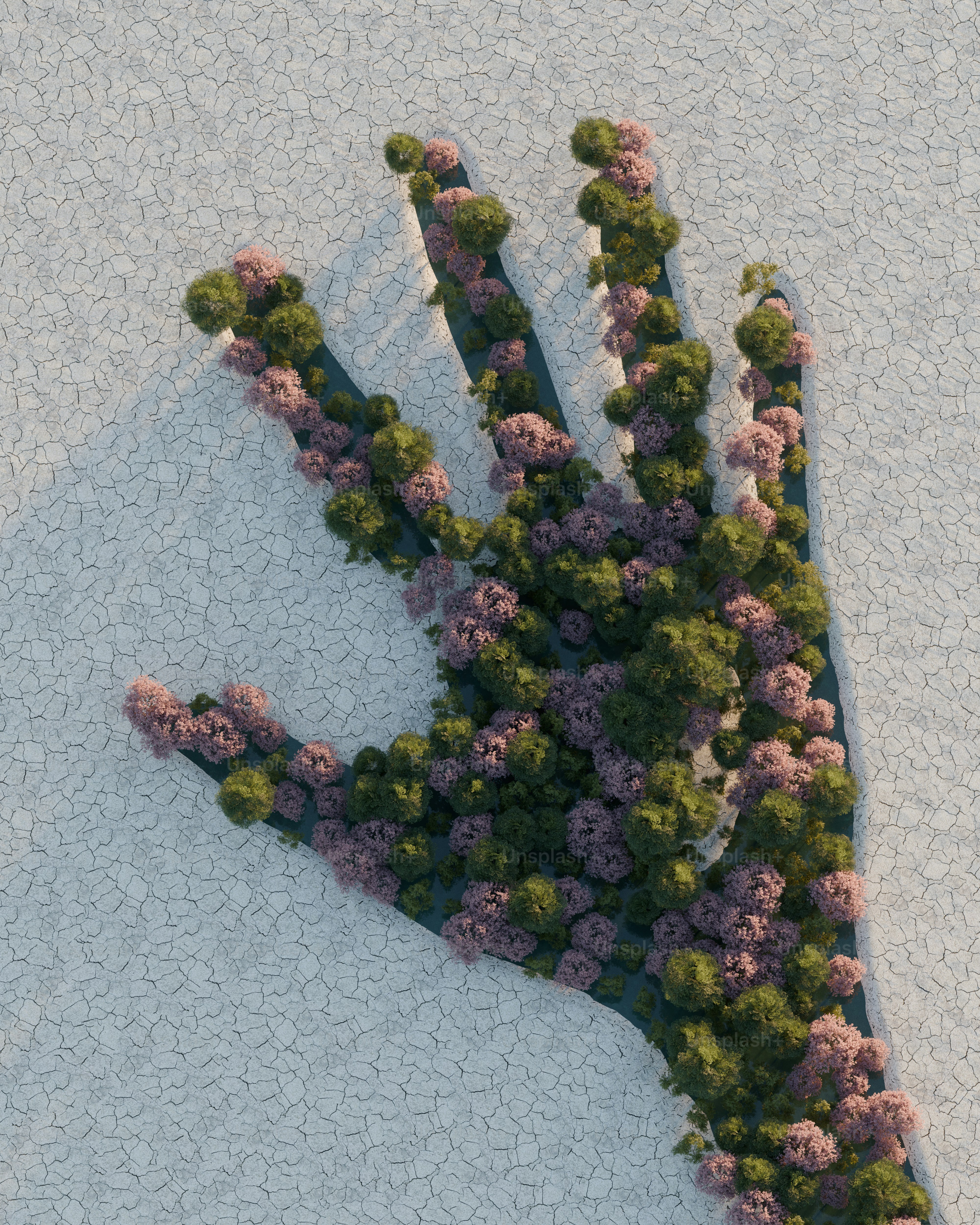 Uma forma de mão formada por árvores e folhagem