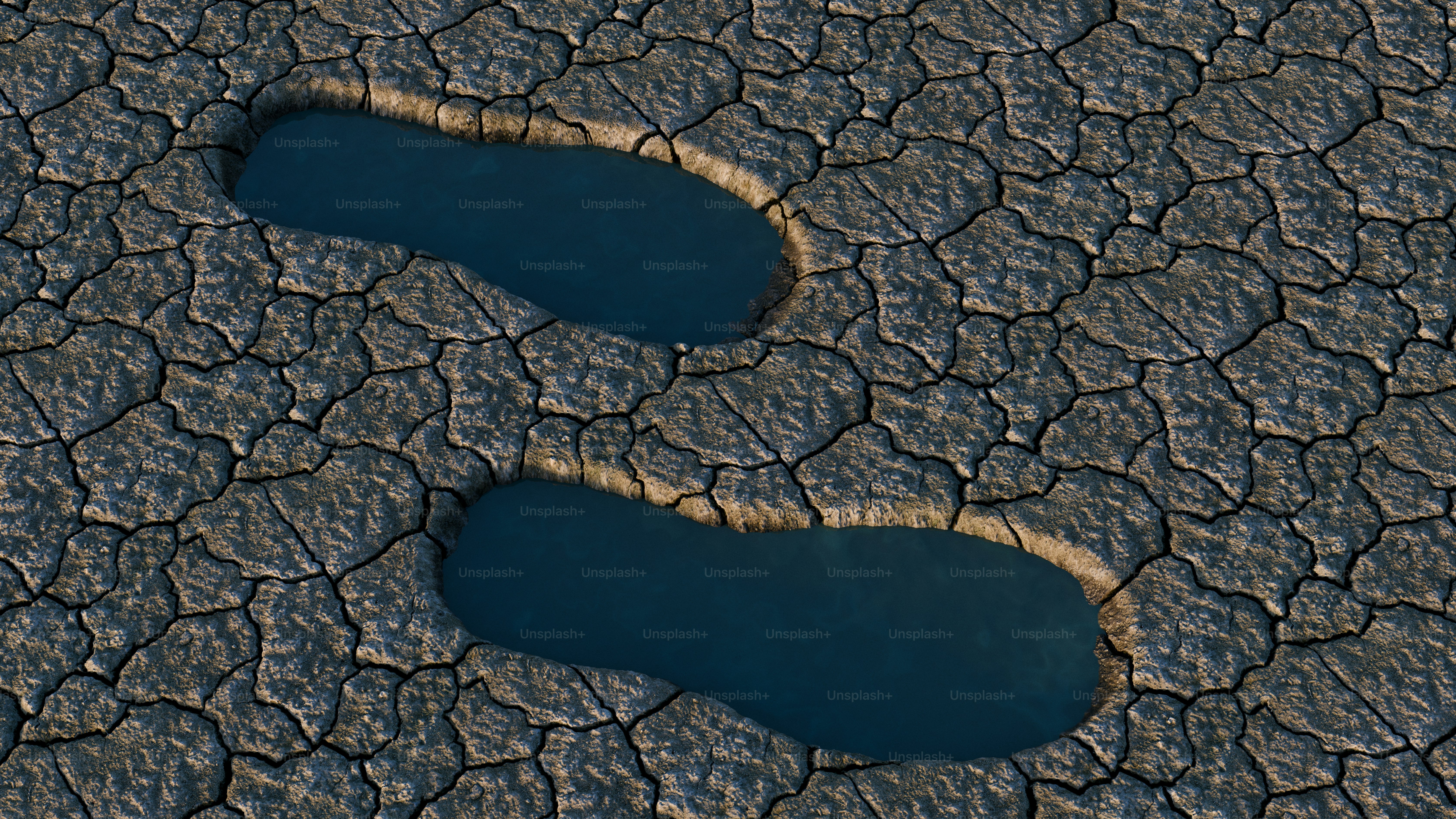 Duas poças de água em terra seca rachada