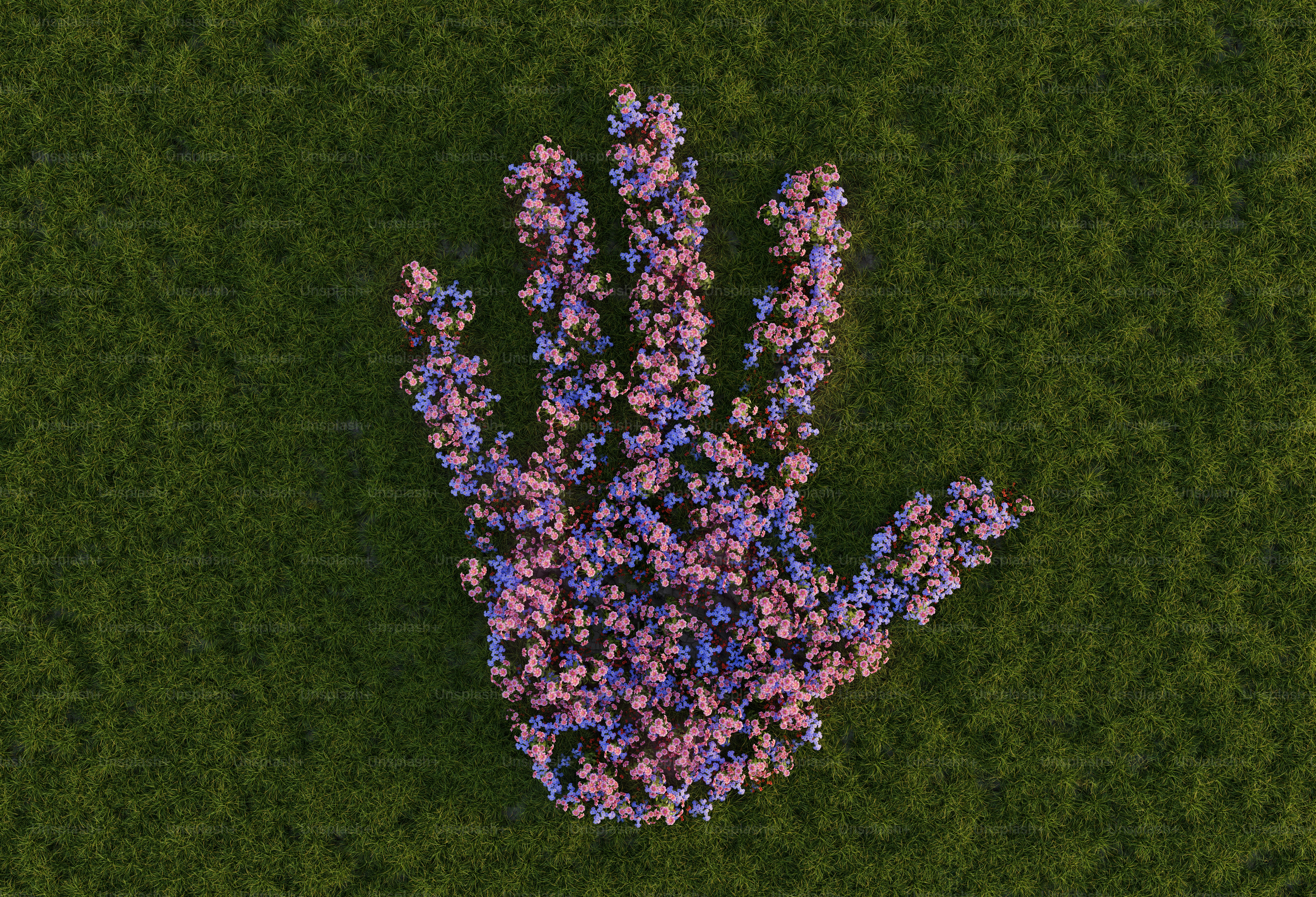 Forma de mão feita de pequenas flores sobre grama verde