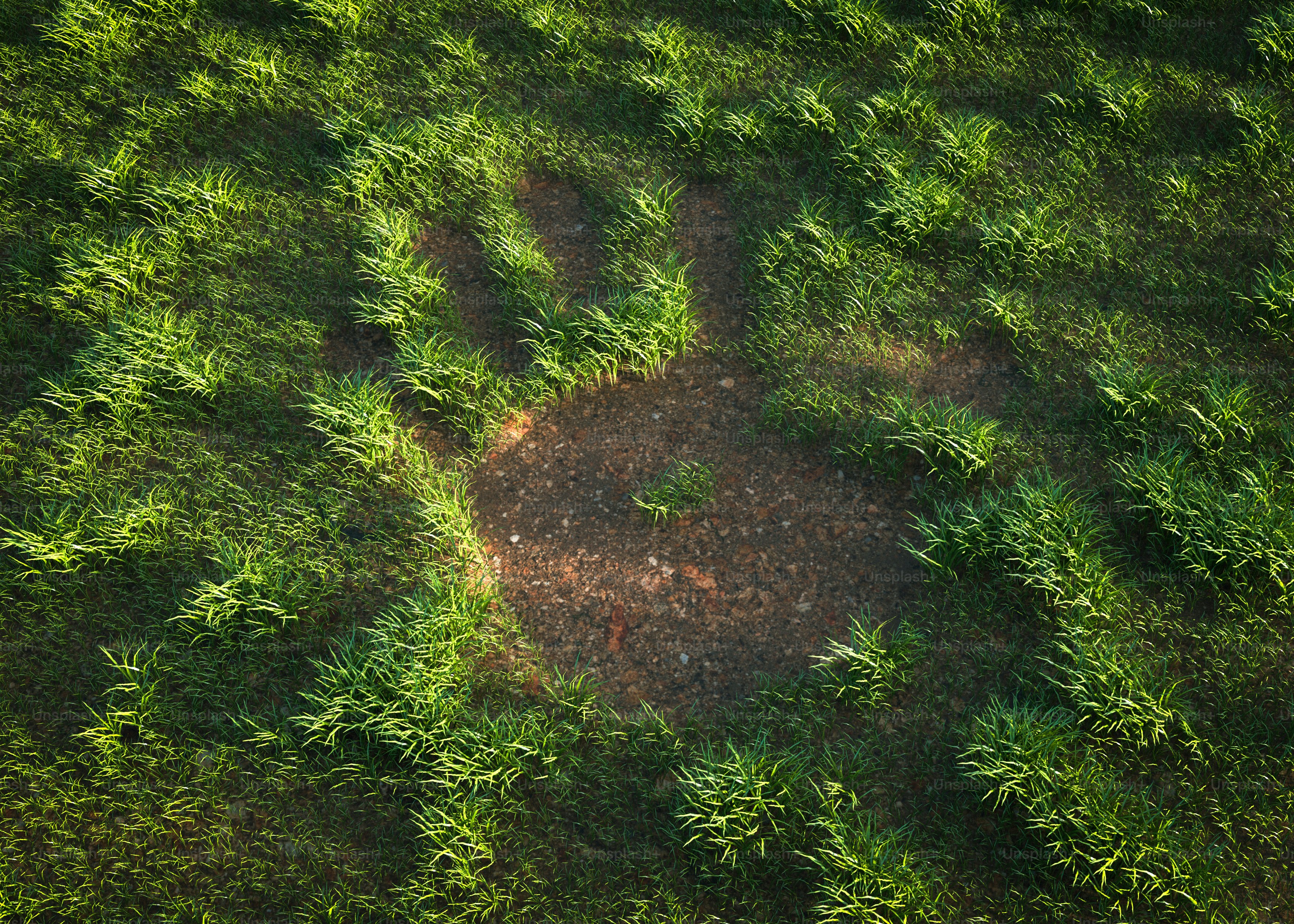 Huella de mano presionada en la hierba verde desde arriba