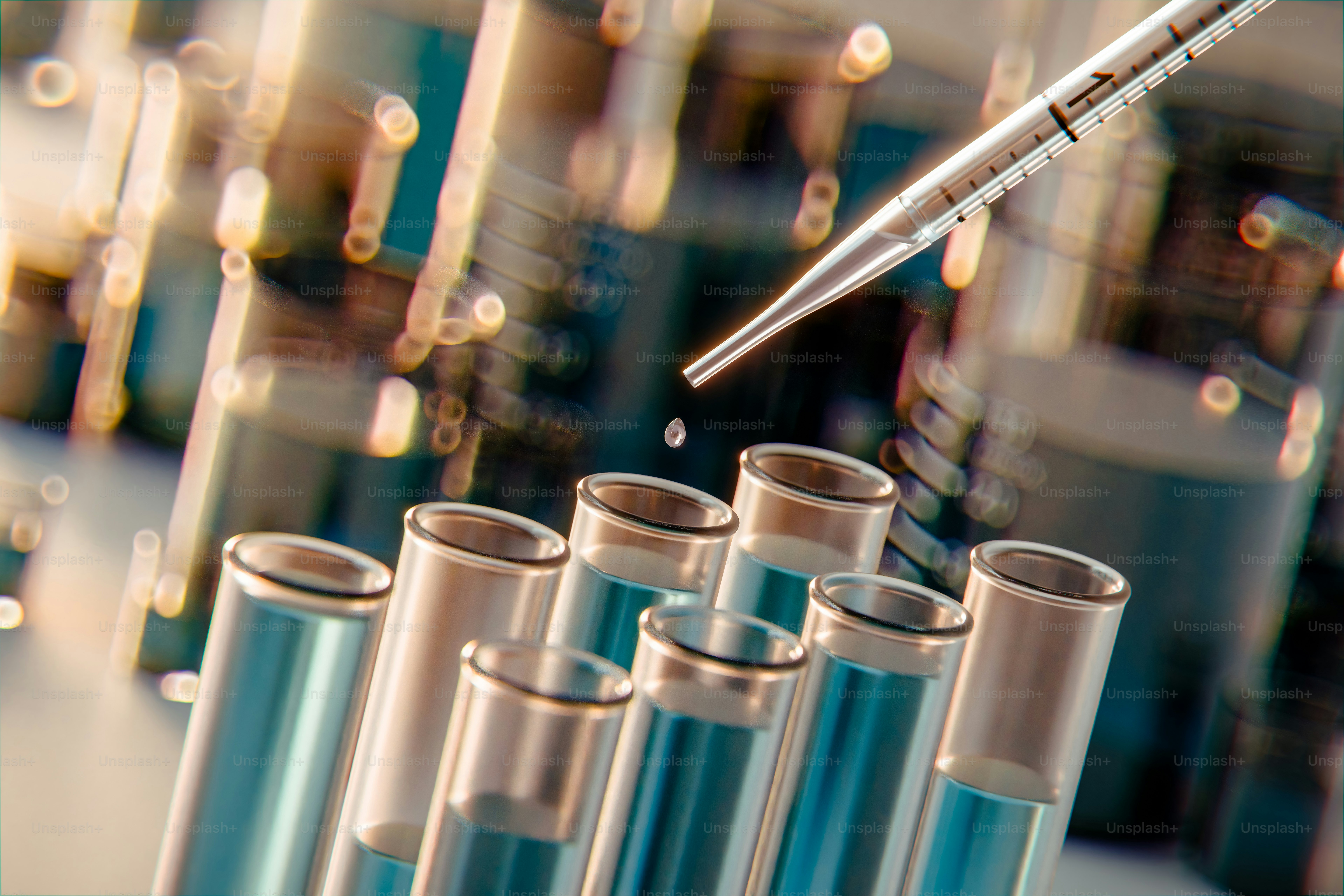 Droplet falling from pipette into test tubes