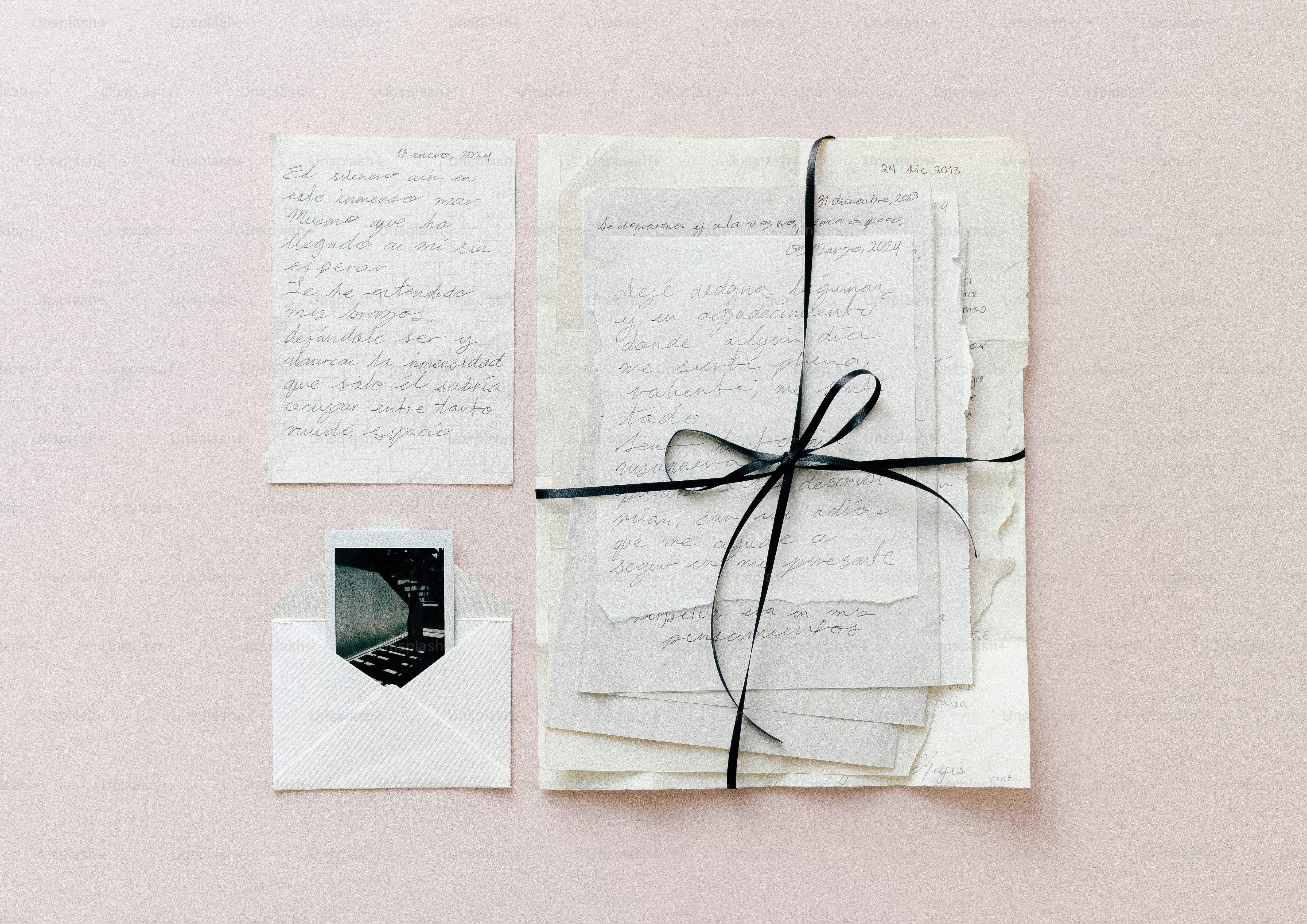 Stack of old letters tied with black ribbon and envelope photo ...