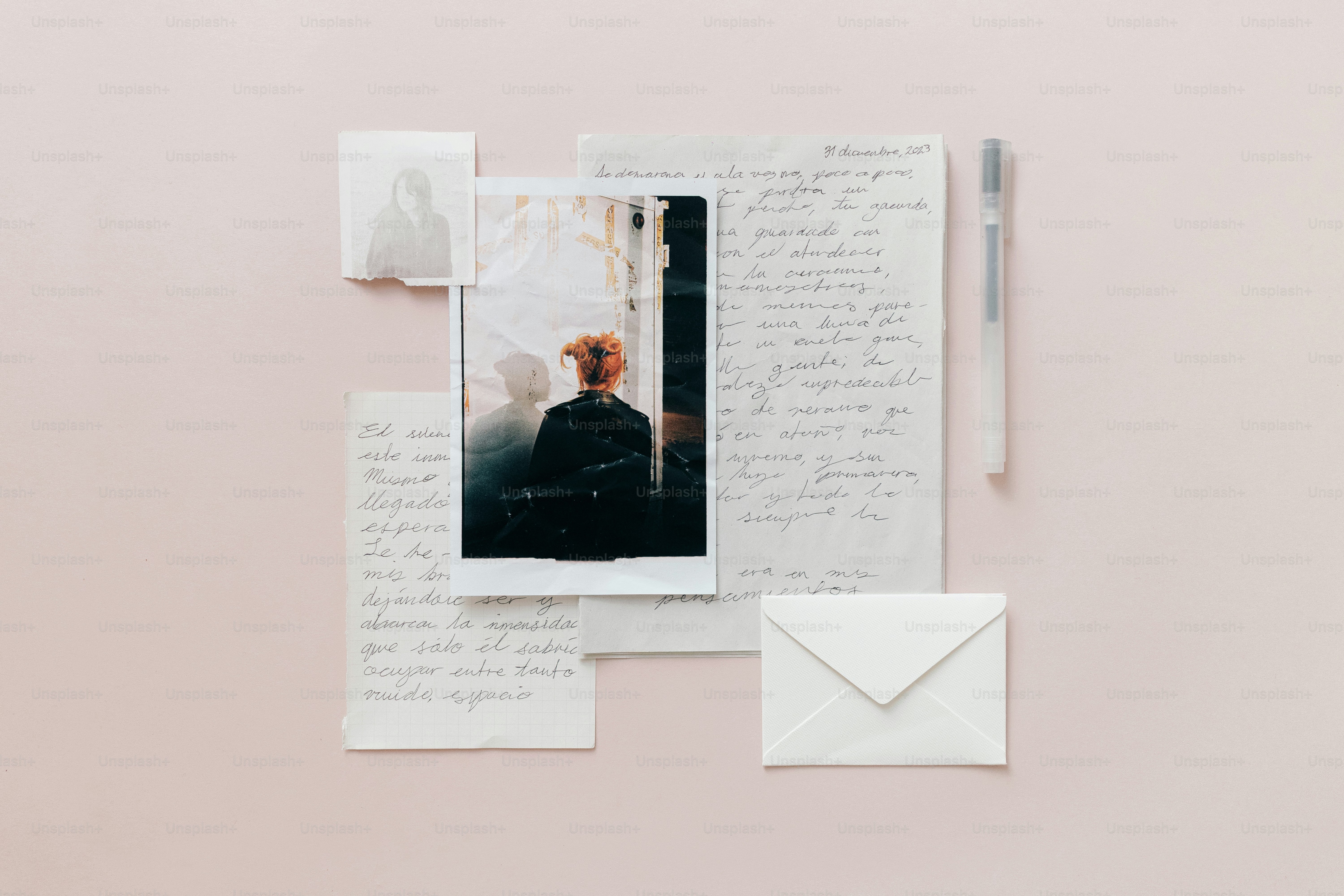 Vista aérea de cartas, foto e envelope sobre rosa