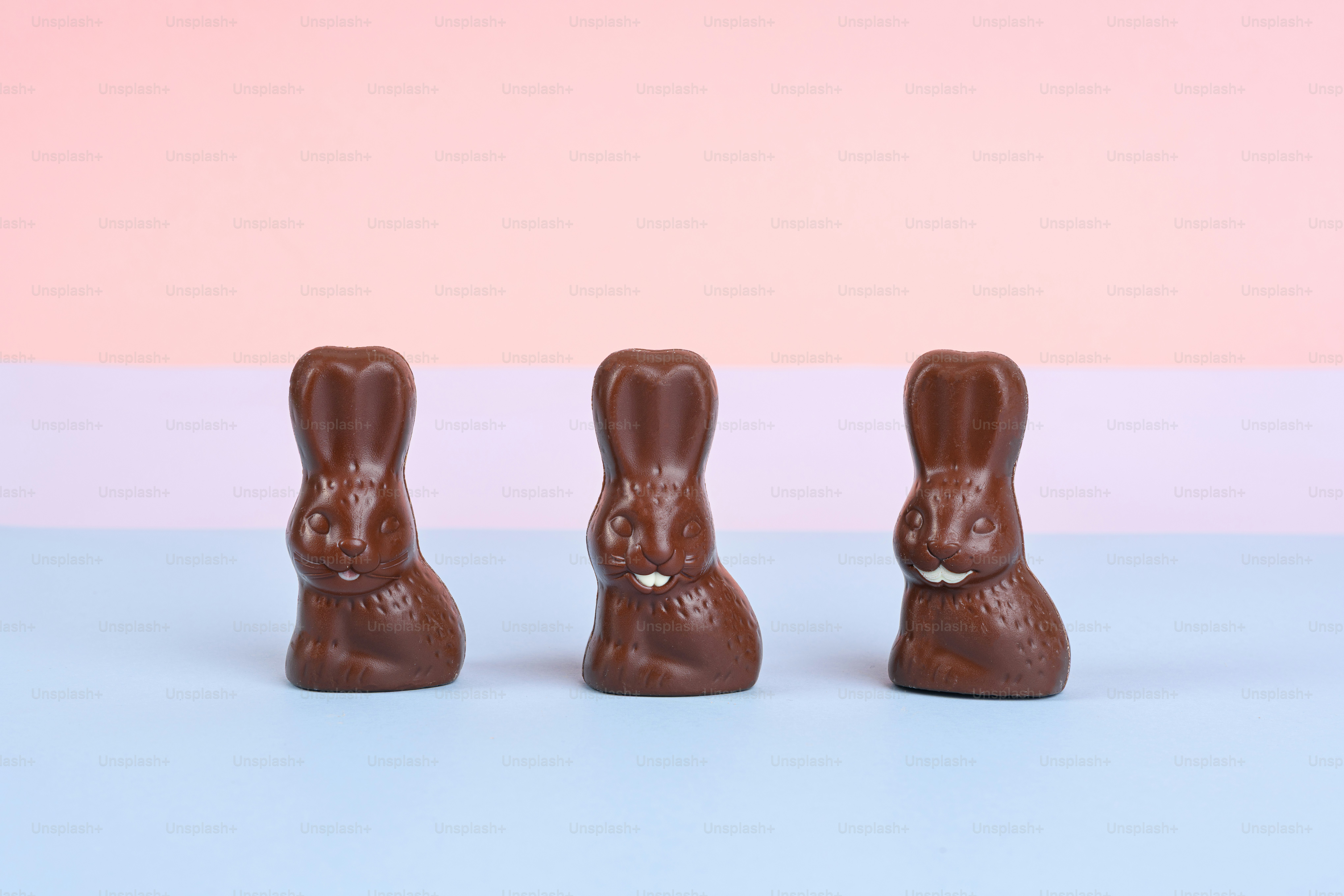 Tiga kelinci paskah cokelat dengan latar belakang pastel