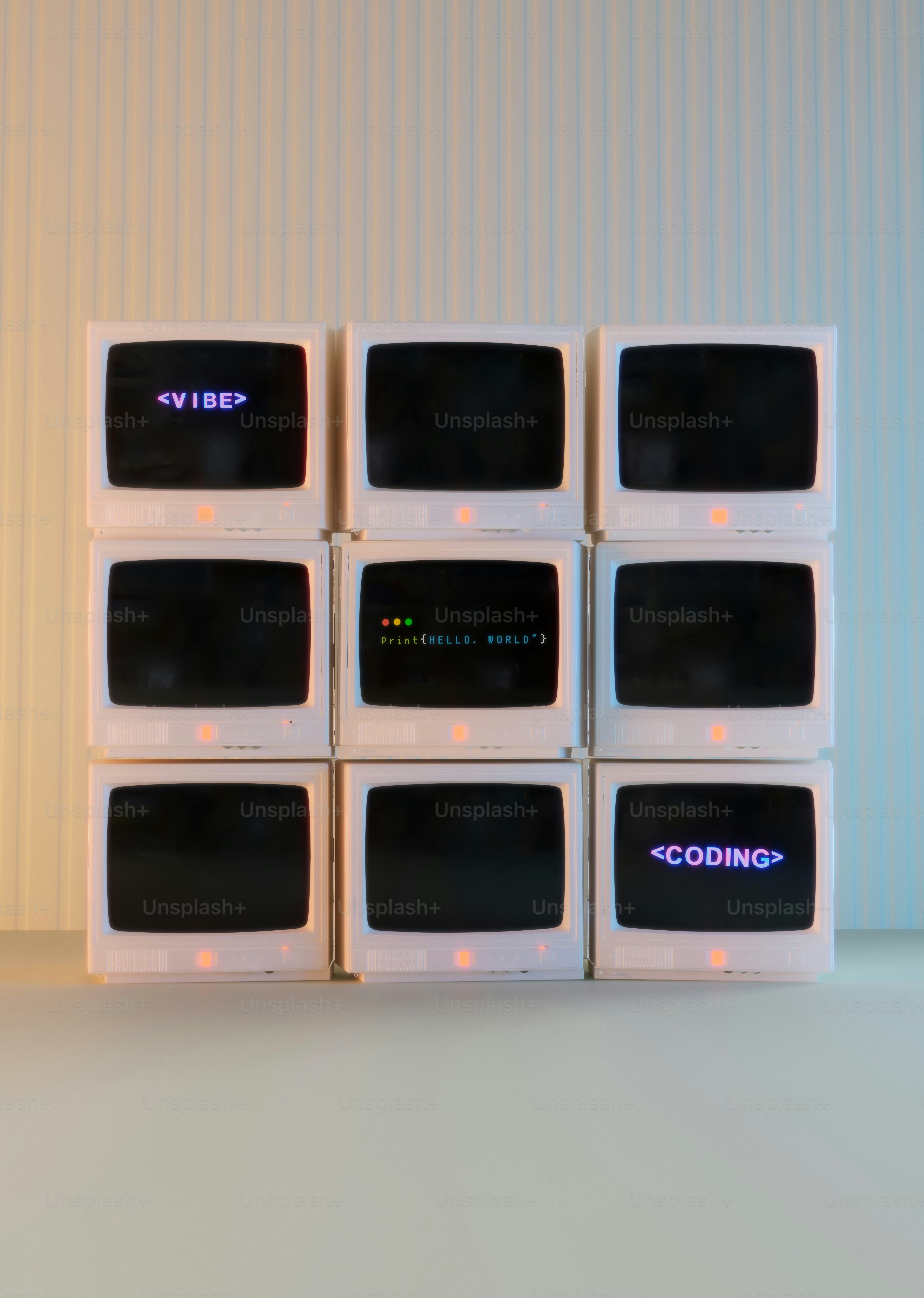 Nueve monitores vintage apilados con pantallas de texto brillantes.