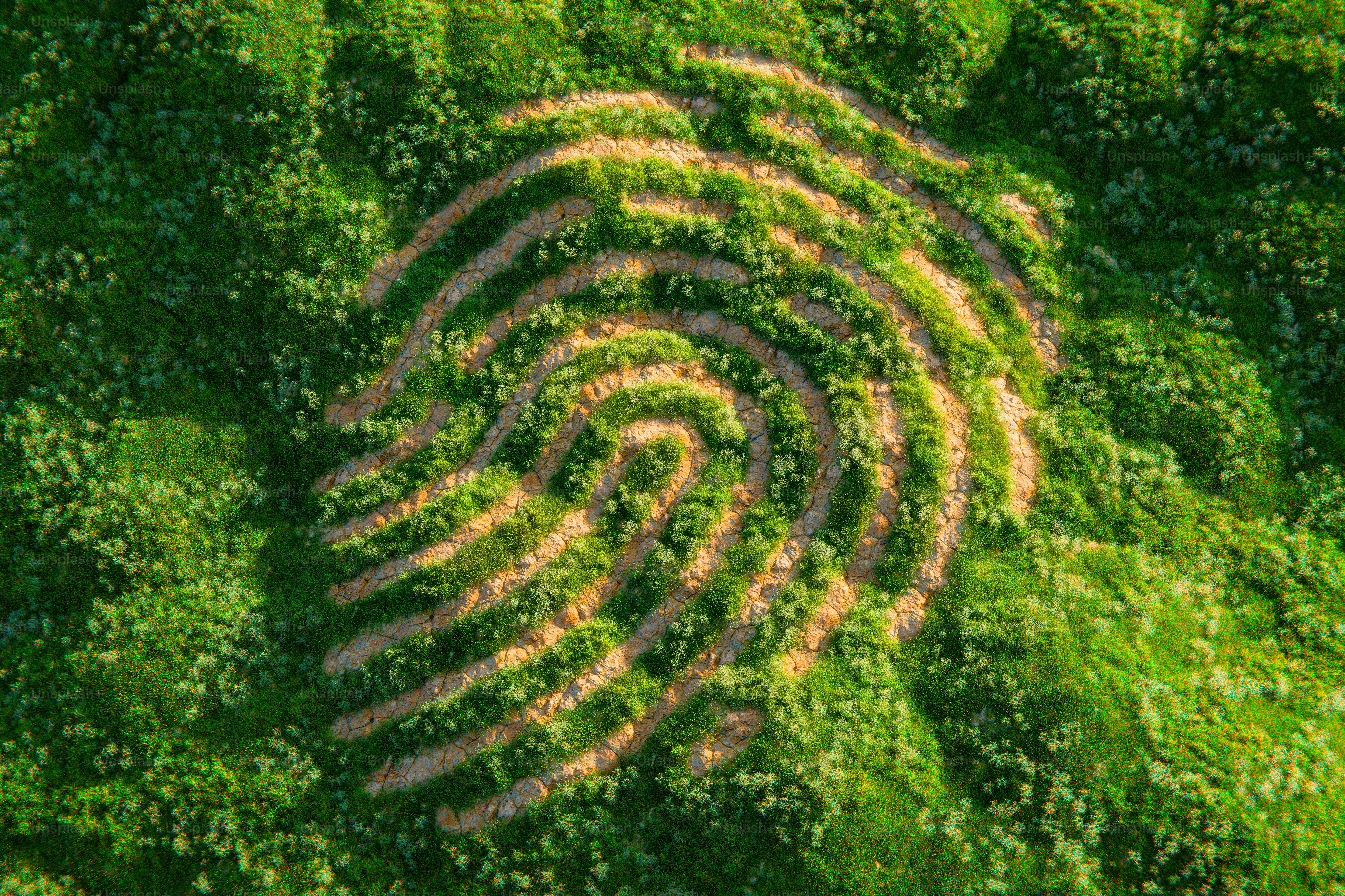 Fingerprint pattern formed in green grass and soil
