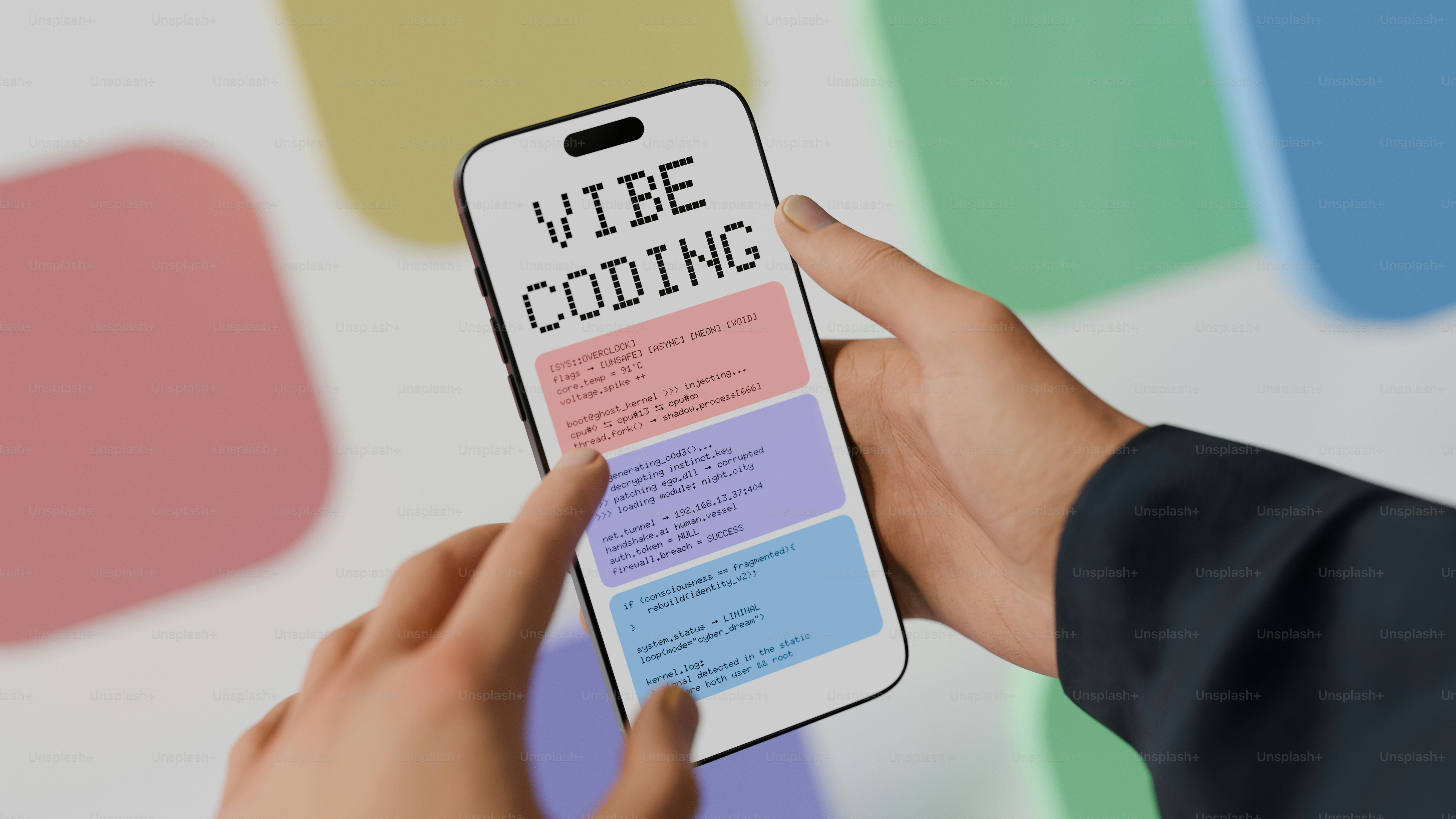 Hands holding a smartphone displaying coding content.