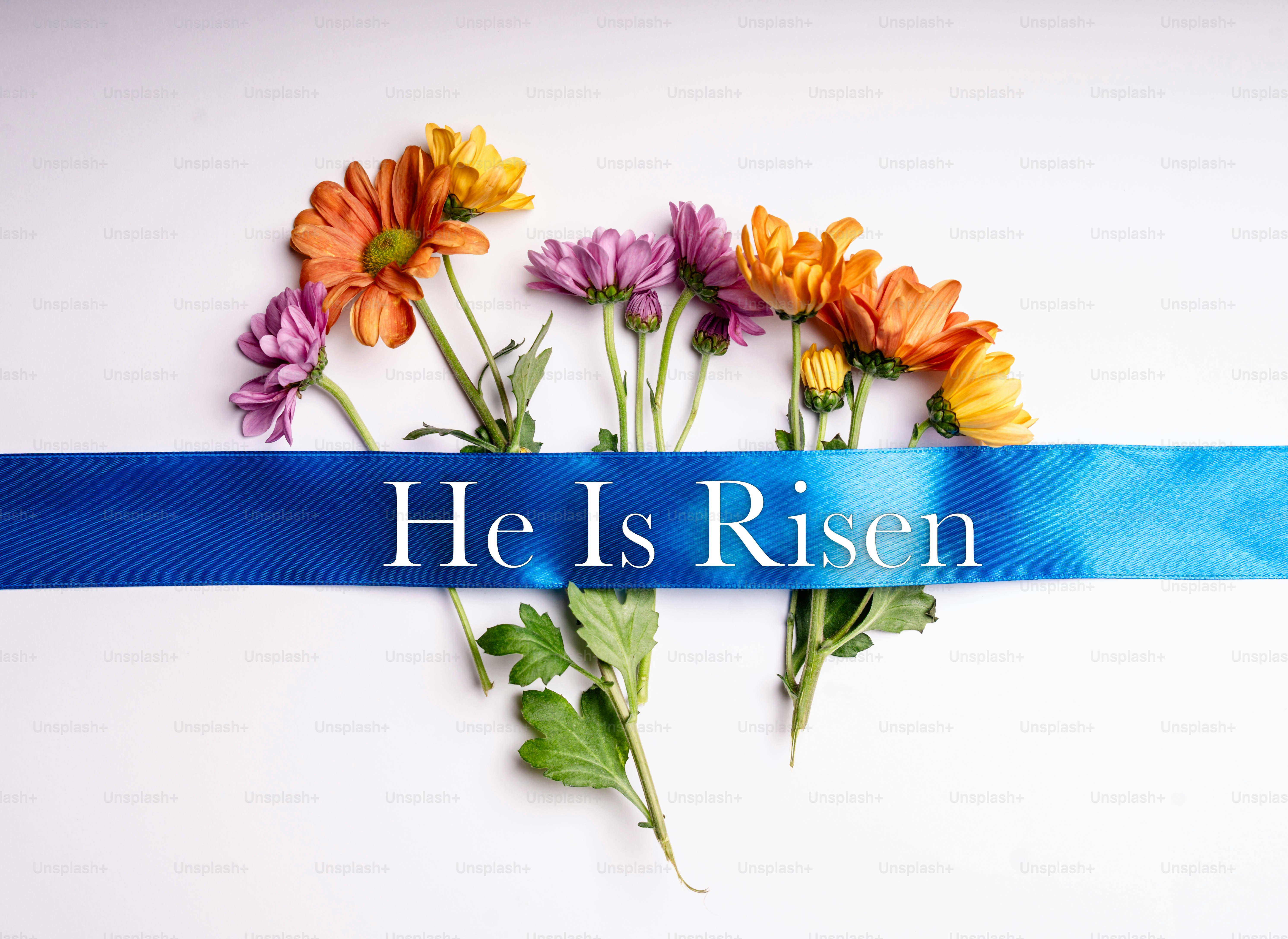Colorful flowers with a blue ribbon saying he is risen.