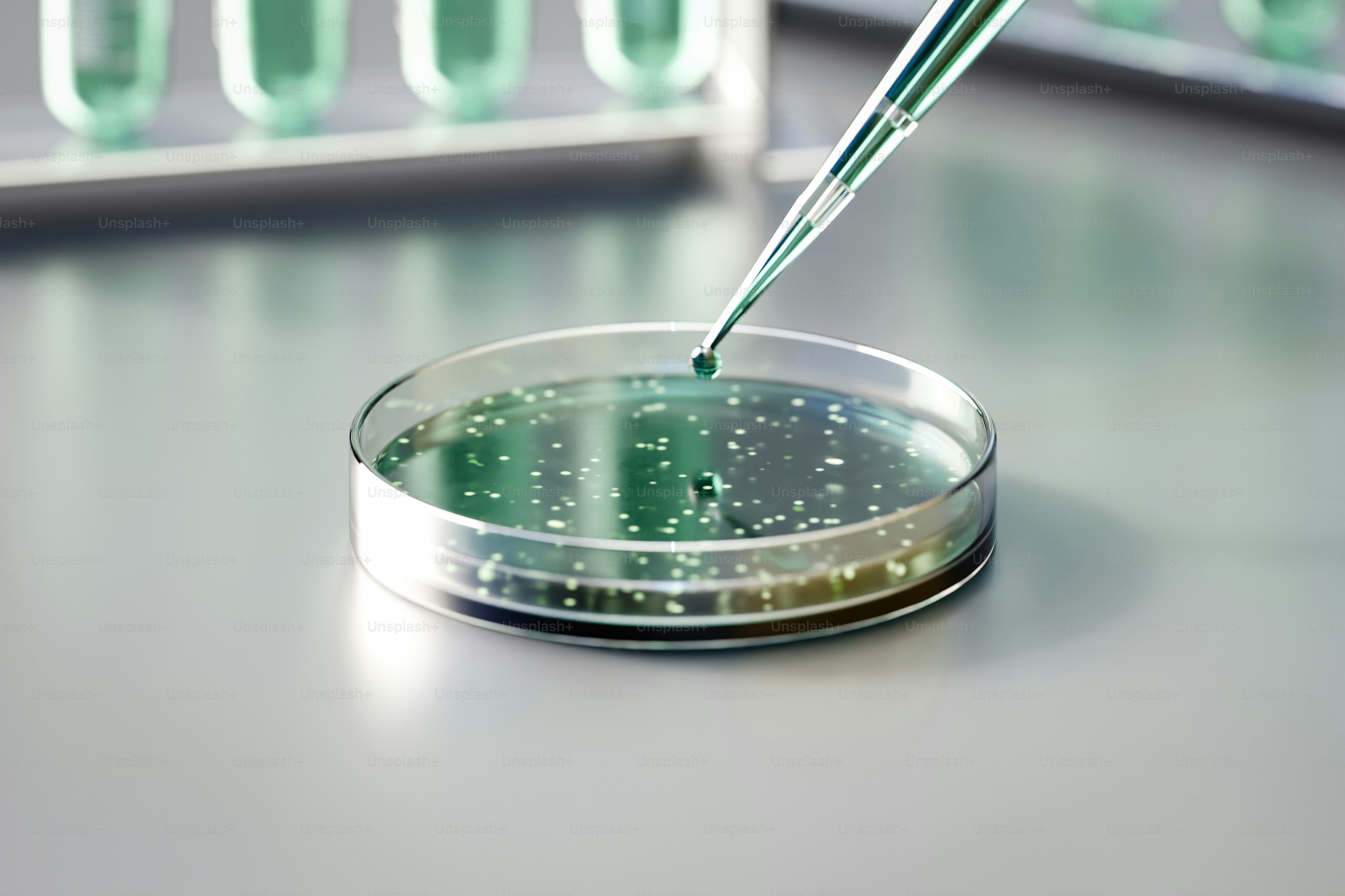 Pipette qui ajoute du liquide dans la boîte de Petri avec une culture verte