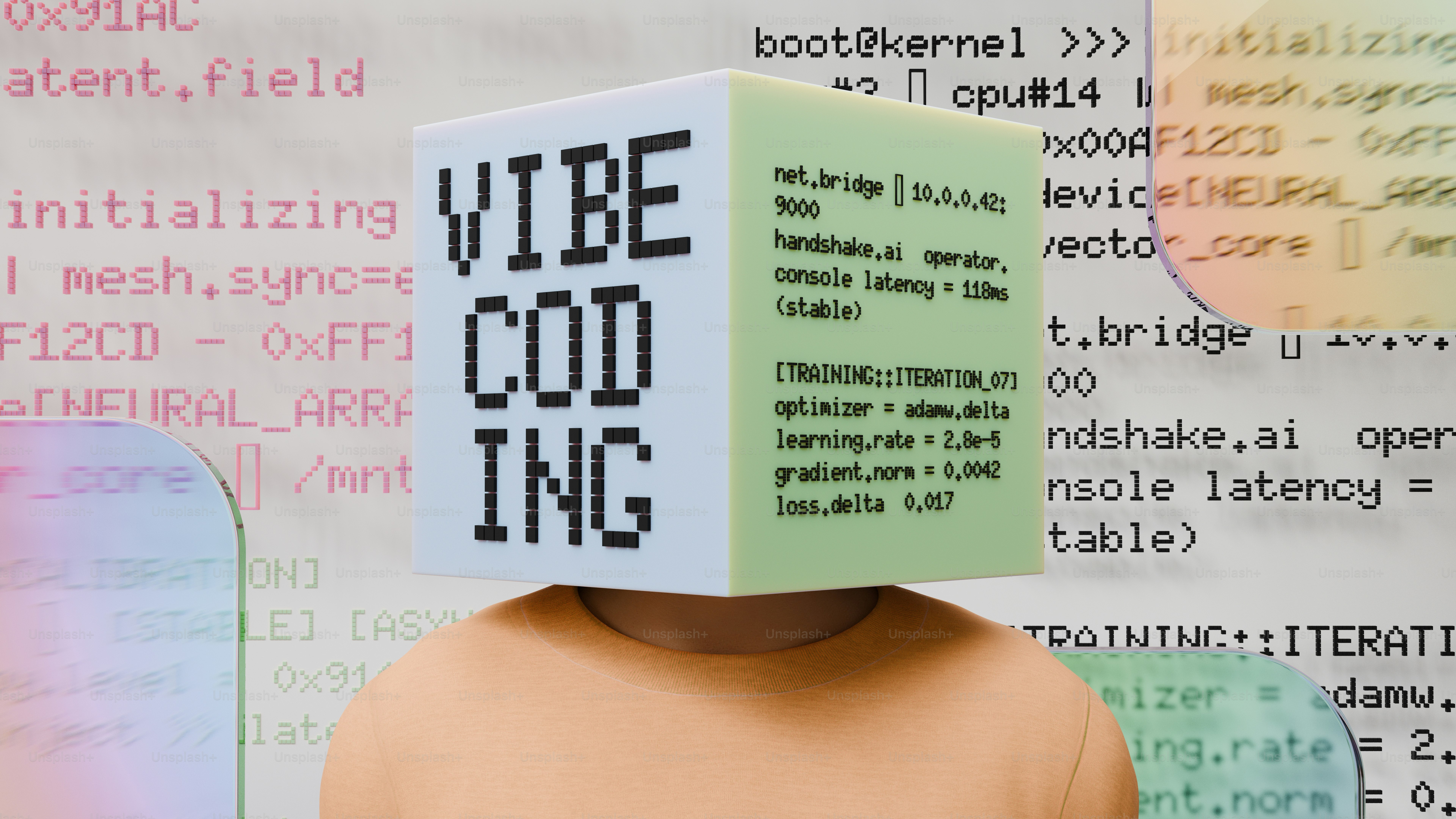 Person with cube head displaying vibe coding text.