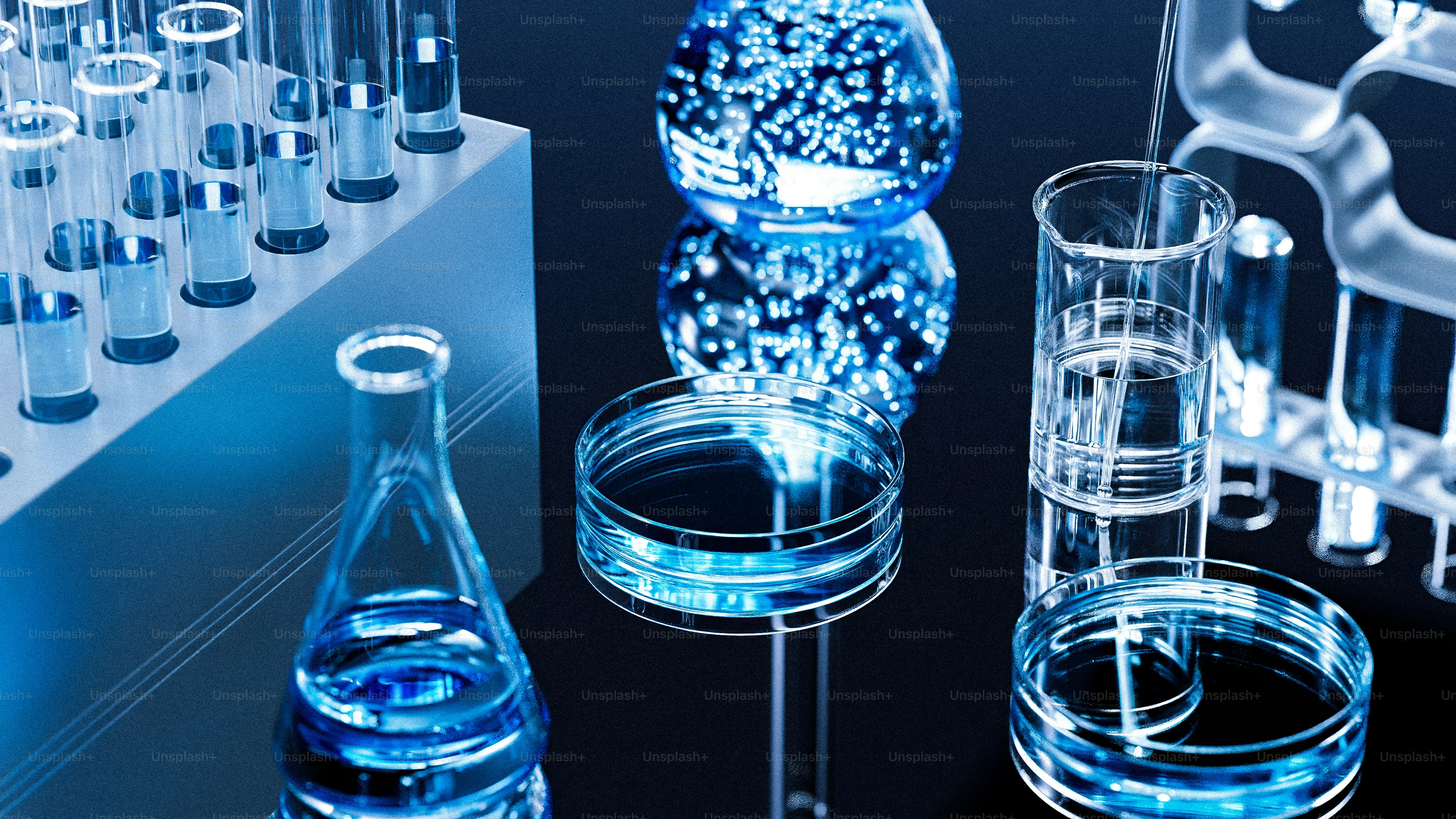 Laborgläser mit blauer Flüssigkeit und Blasen