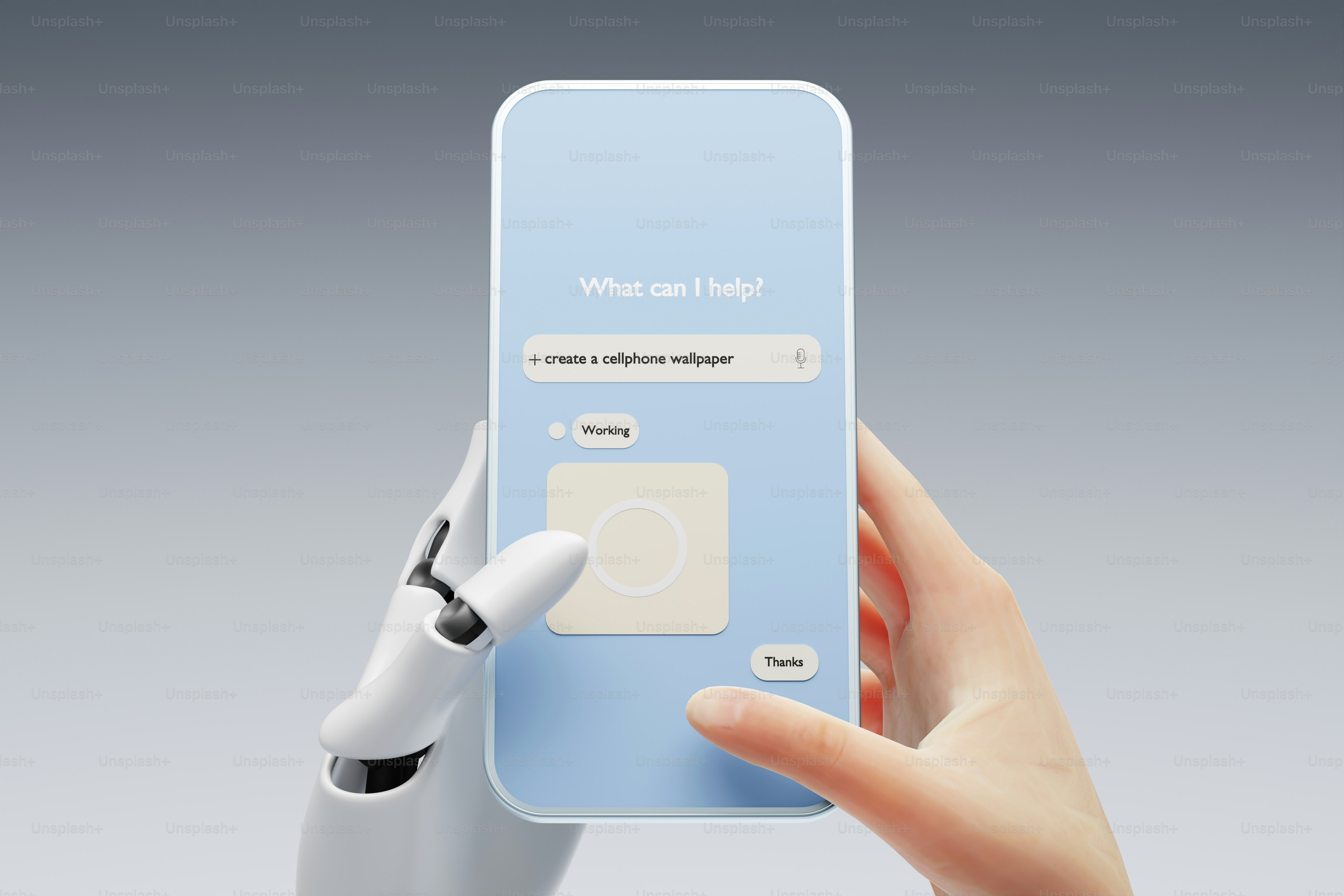 ロボットと人間の手がスマートフォンのインターフェースとやり取りする。