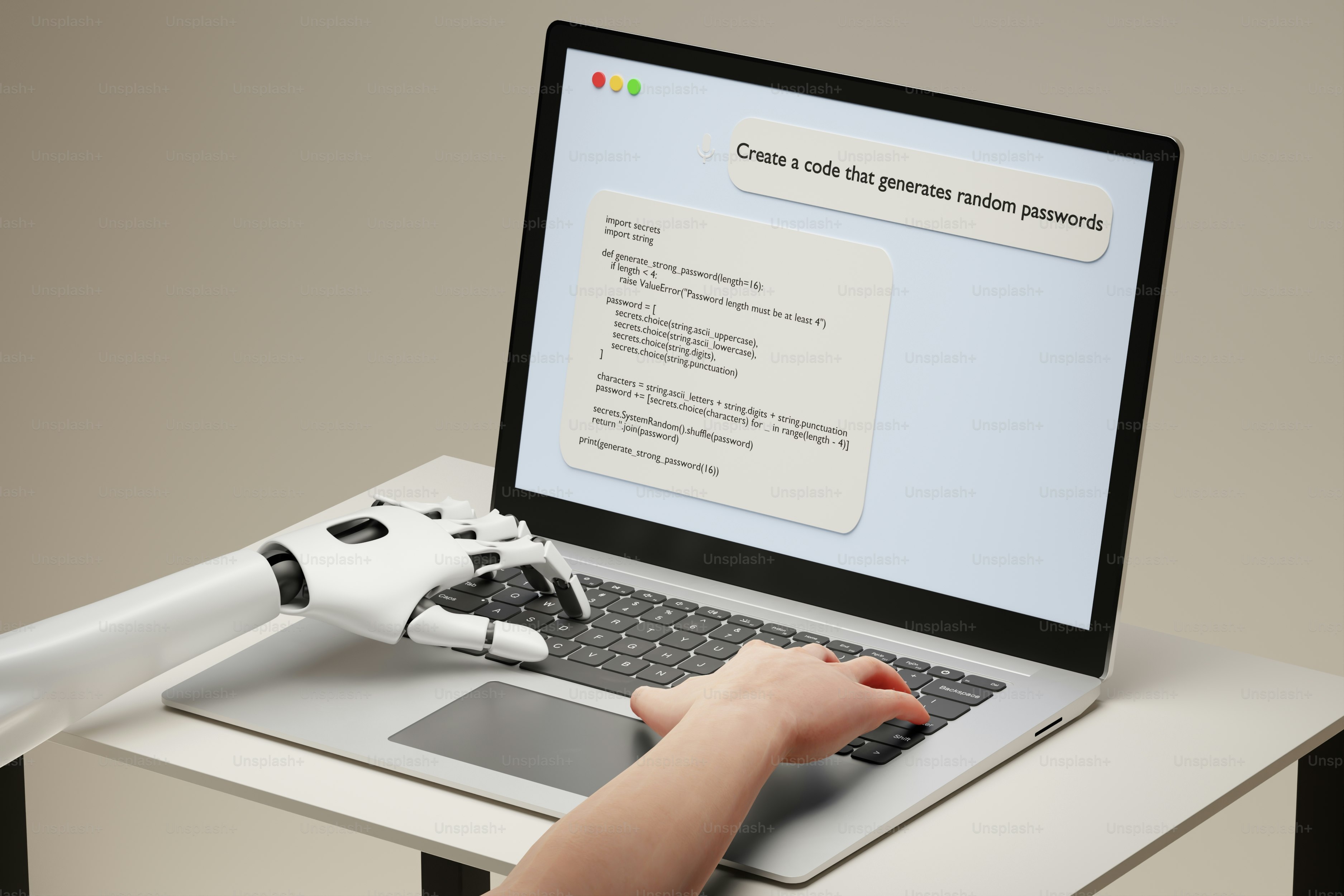 Robot and human hands typing on a laptop.