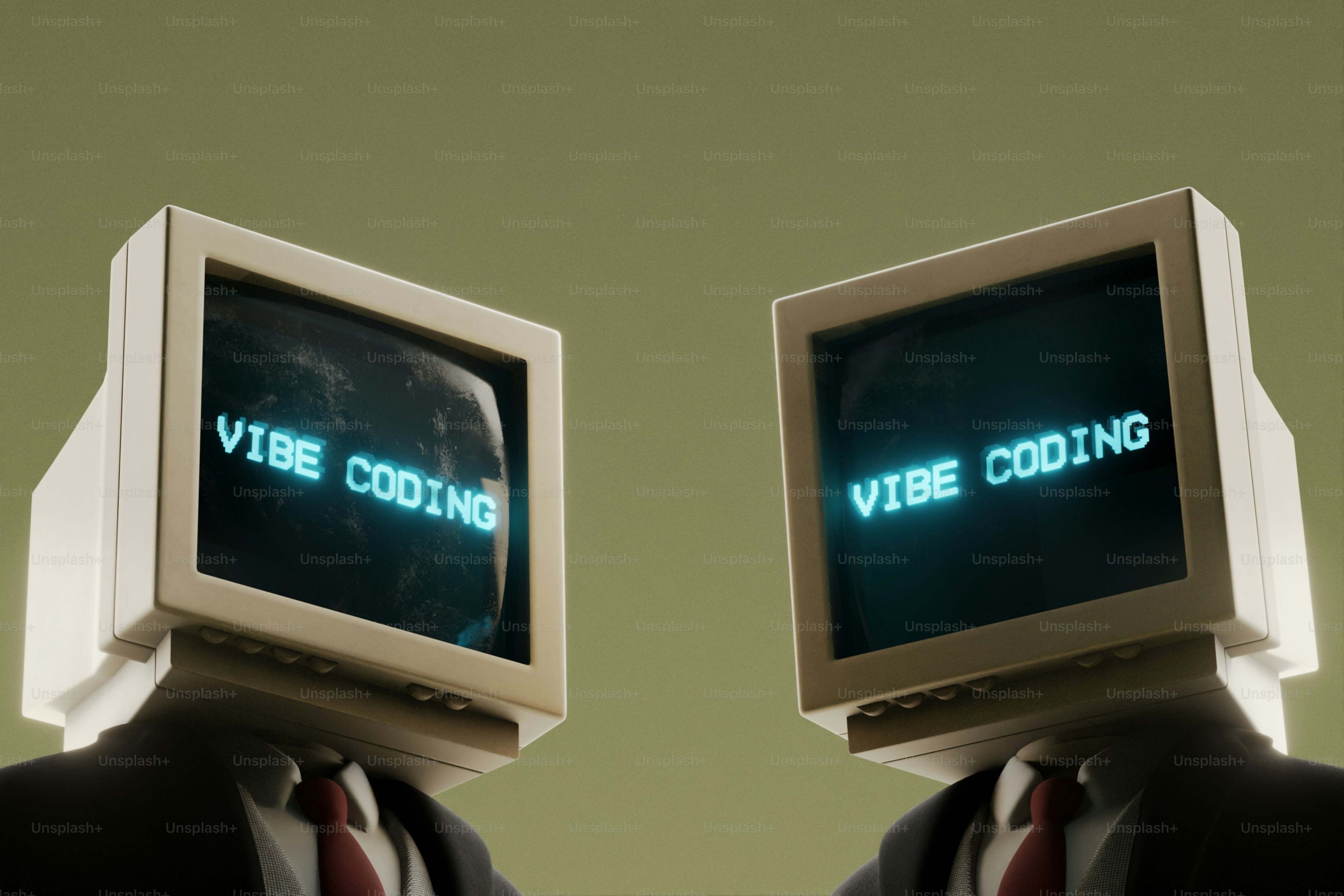 Two computers with "vibe coding" on screens.