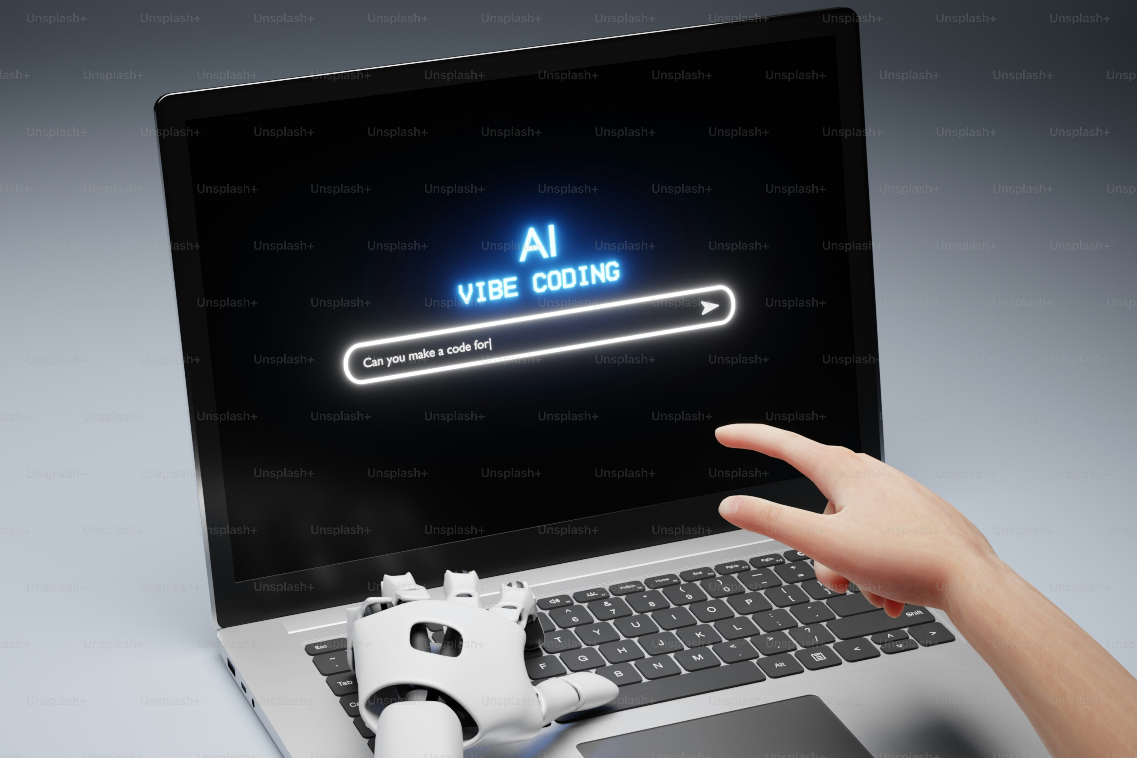 free AI code generation tools 2026 — Robot and human hand interacting with ai coding on laptop.